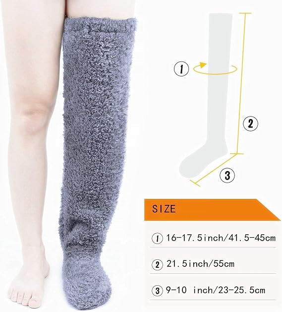 Home Socks - Overknee Fleece Socks - 55cm - Fleece Slipper Socks - Fluffy - Long Leg - Warm Pants - Winter - Home Sleep Socks - Light Grey - Image 4