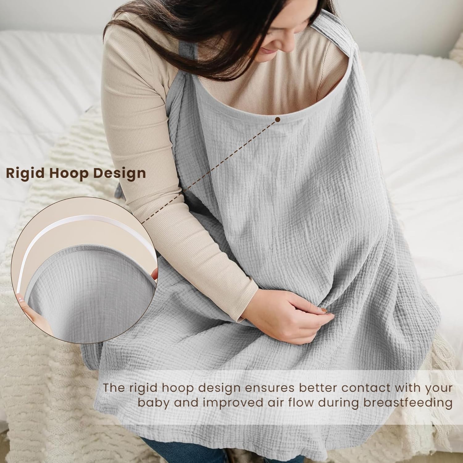 Breastfeeding bib - Smooth woven fabric for breastfeeding babies - Breathable - Pure cotton - Breastfeeding covers - Breastfeeding bib for mothers - Multifunctional car seat cover - Beige - Image 3