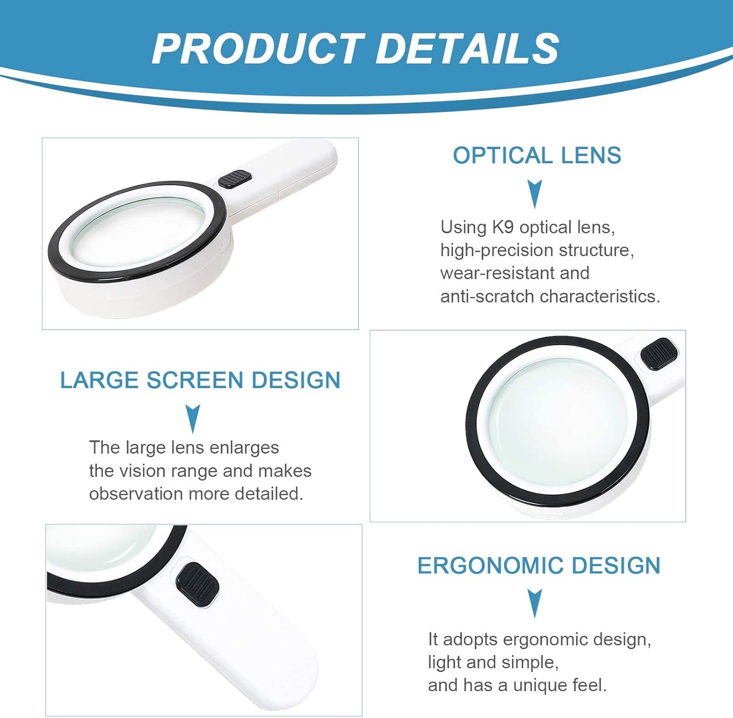 Magnifying glass with 12 LED lights - 30x double glass lens - hand-held illuminated magnifier Suitable for seniors - reading stamps, cards, researching macular degeneration - Image 3