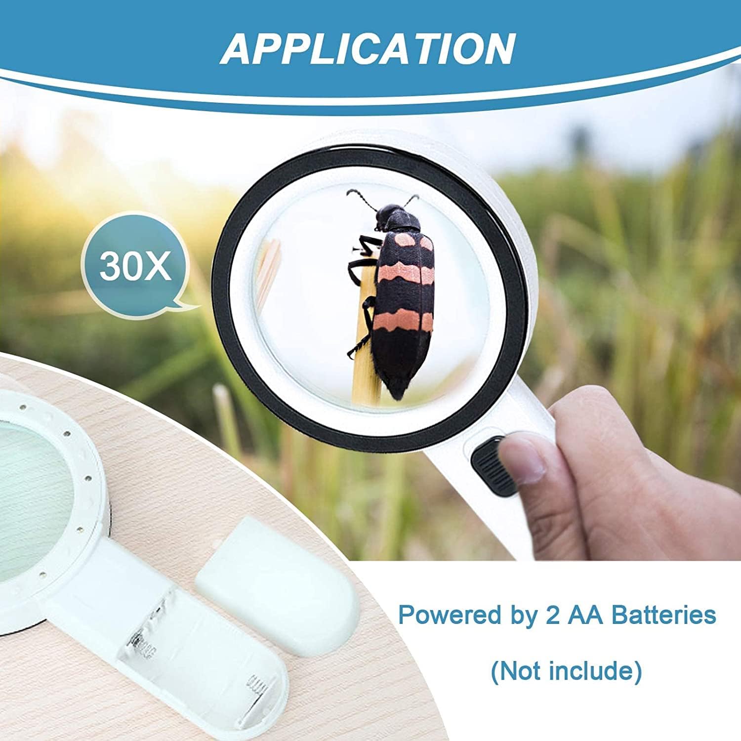 Magnifying glass with 12 LED lights - 30x double glass lens - hand-held illuminated magnifier Suitable for seniors - reading stamps, cards, researching macular degeneration - Image 4