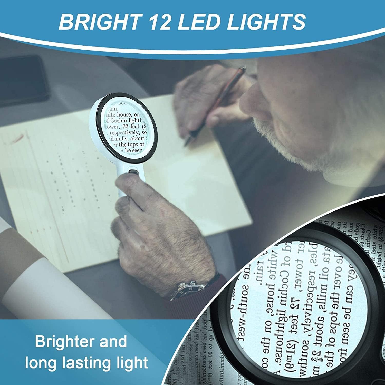 Magnifying glass with 12 LED lights - 30x double glass lens - hand-held illuminated magnifier Suitable for seniors - reading stamps, cards, researching macular degeneration - Image 5