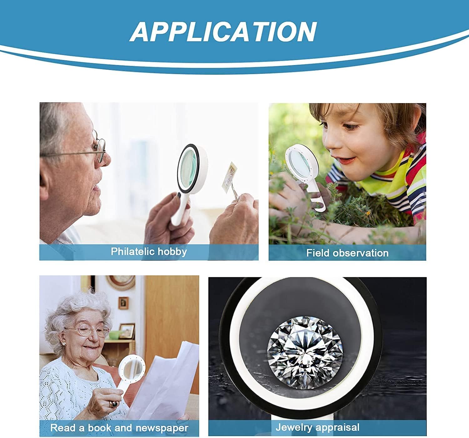 Magnifying glass with 12 LED lights - 30x double glass lens - hand-held illuminated magnifier Suitable for seniors - reading stamps, cards, researching macular degeneration - Image 6