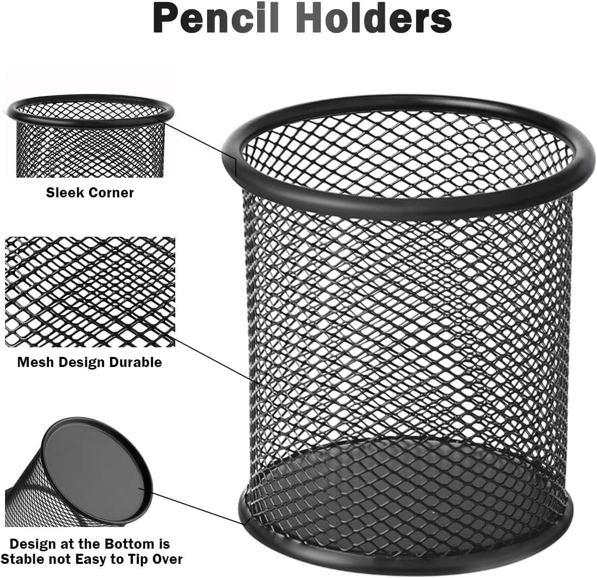 2-pack metal mesh pen holder pen holder for desk metal office mesh desktop storage pen holder office supplies - Office accessories and storage products - black - Image 3