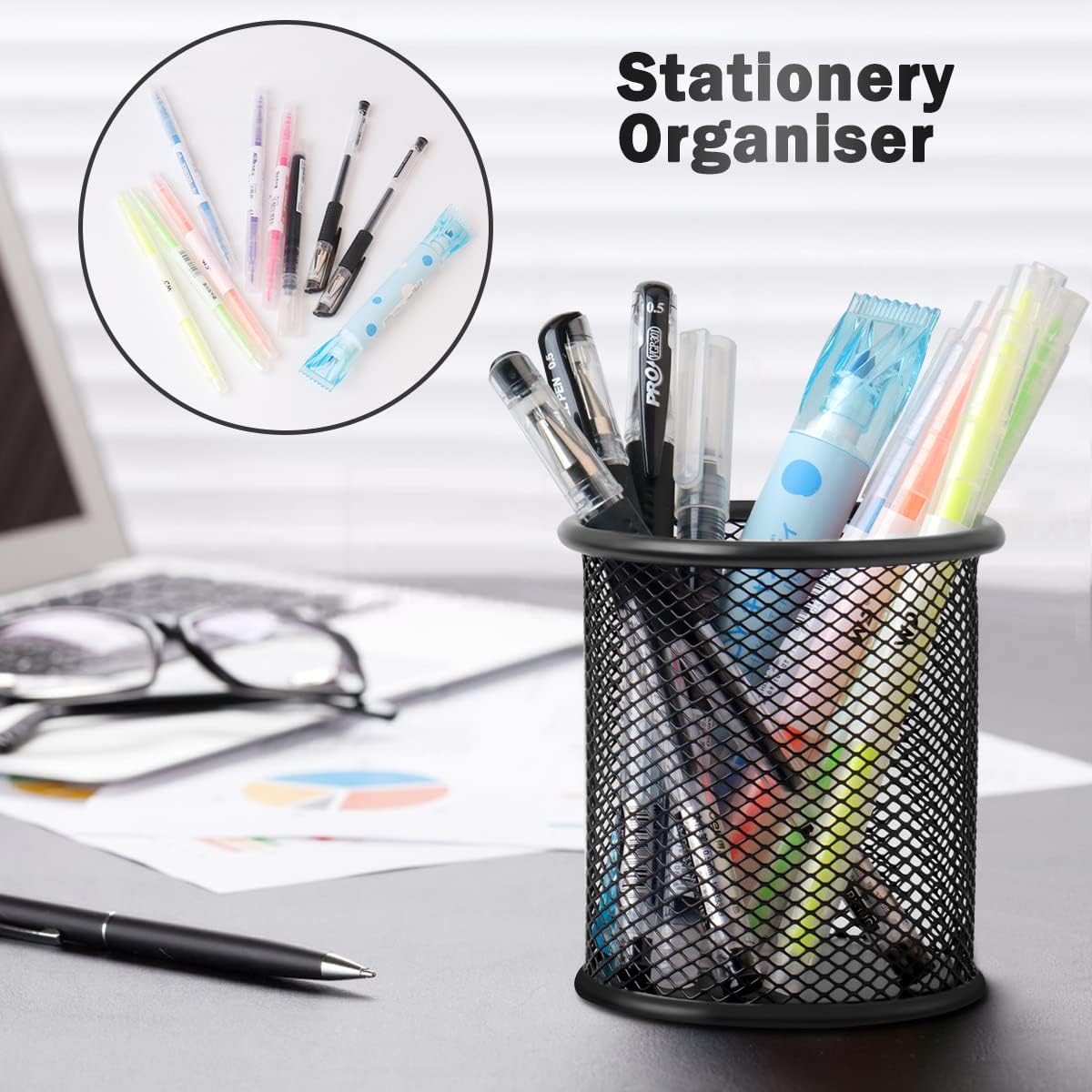 2-pack metal mesh pen holder pen holder for desk metal office mesh desktop storage pen holder office supplies - Office accessories and storage products - black - Image 6