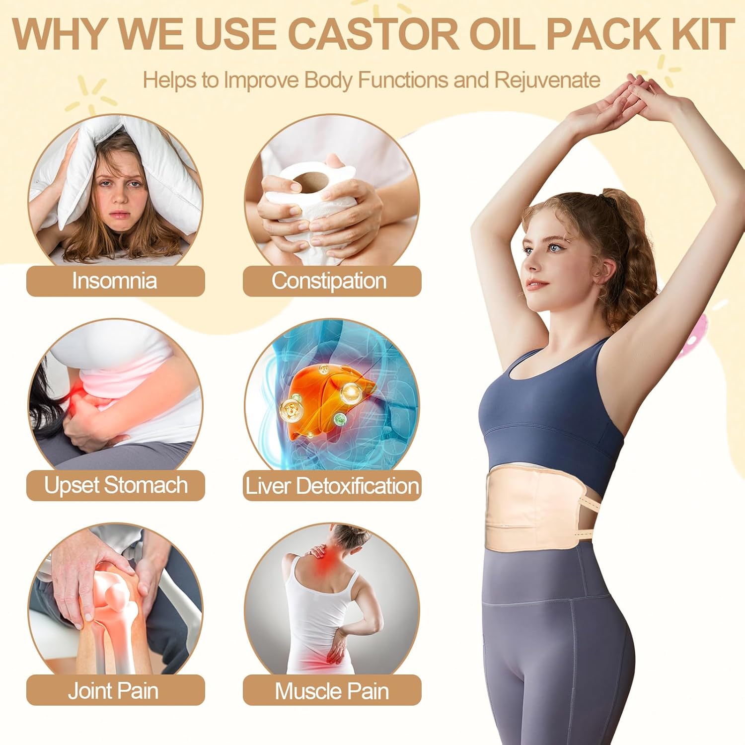 Castor oil packs - Reusable adjustable packaging set for the liver - promotes sleep - supports the liver and abdominal muscles to improve blood circulation and digestion (Castor oil not included) (1 pack) - Image 2