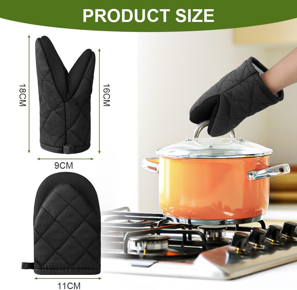 1 pair of short oven mitts made of neoprene cotton - black - with non-slip surface and hanging loop - suitable for cooking, baking and grilling - Image 2