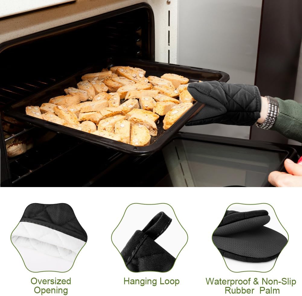 1 pair of short oven mitts made of neoprene cotton - black - with non-slip surface and hanging loop - suitable for cooking, baking and grilling - Image 3