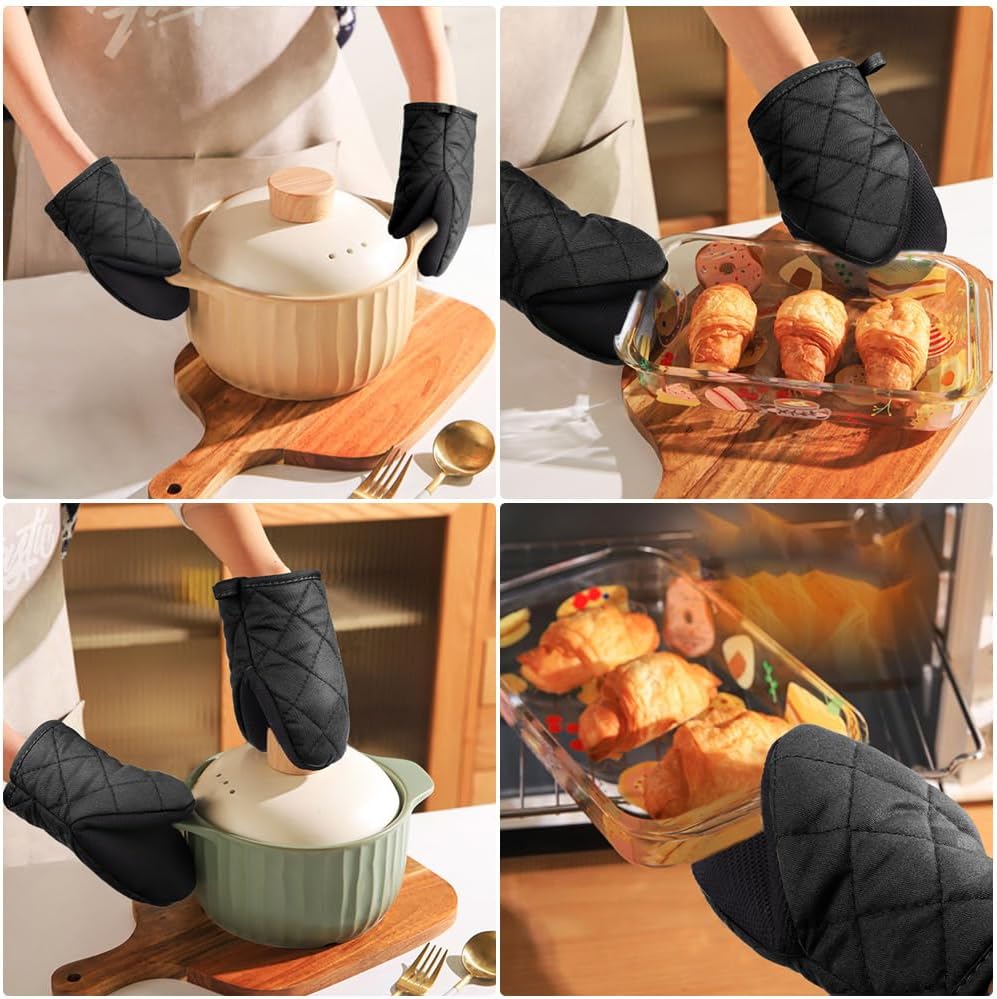 1 pair of short oven mitts made of neoprene cotton - black - with non-slip surface and hanging loop - suitable for cooking, baking and grilling - Image 6