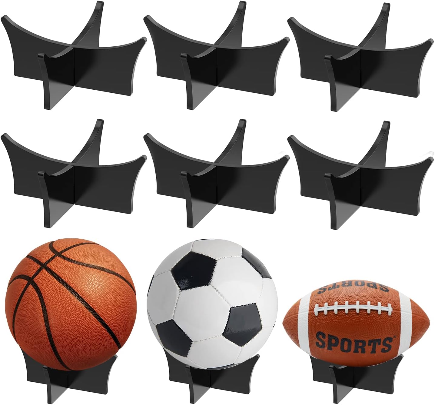 Ball Standard - Acrylic - Football, Basketball, Soccer, Volleyball, Rugby, etc. Display Standard - Ball Holders - 6 pieces - Black - Image 1