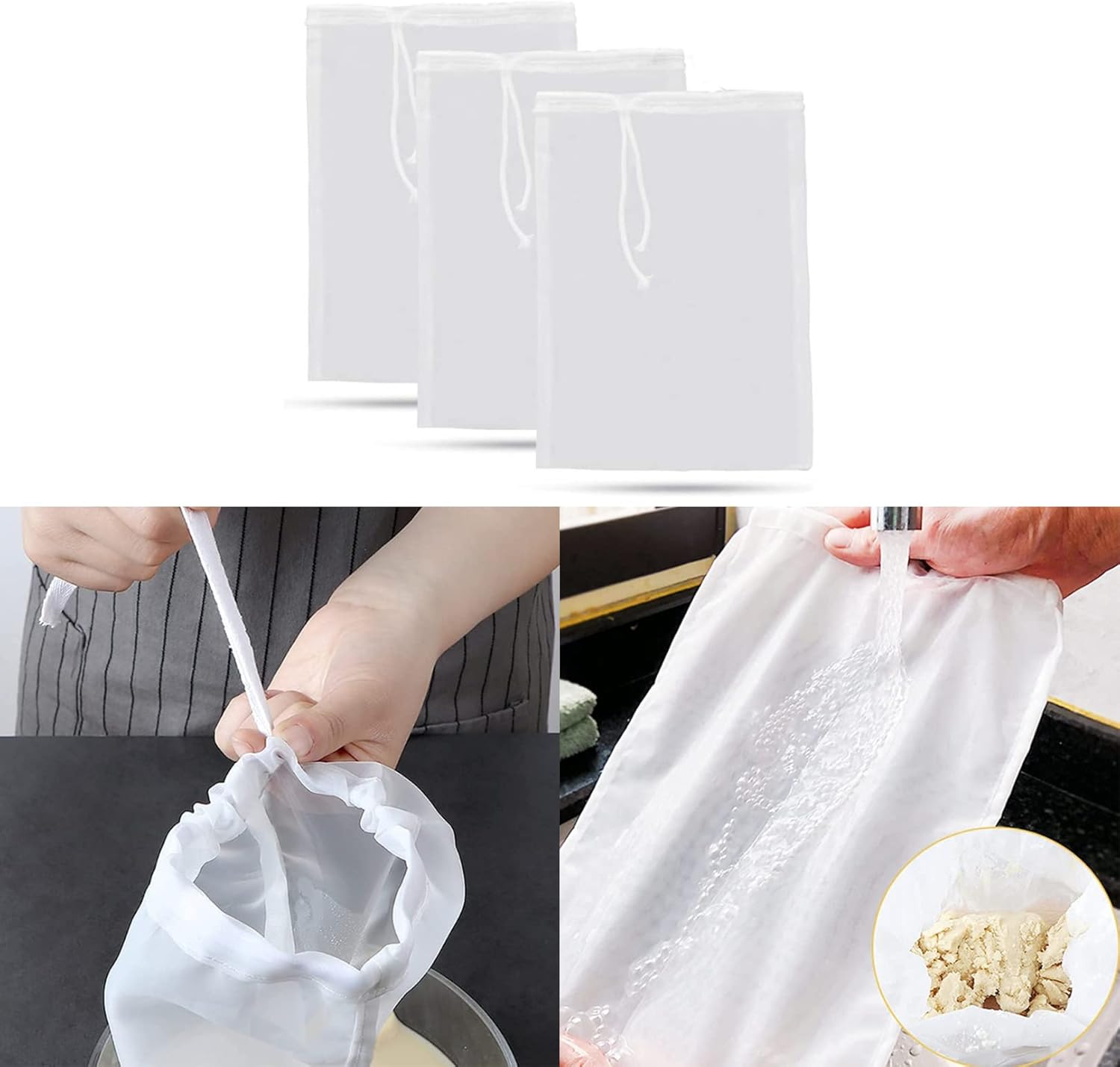 3 reusable micron fine mesh filter bags - drawstring filter bags for cold coffee with cheesecloth - fine mesh nylon filter bags - washable filter bags for juice - wine - homebrewed beer - brewing and hops (200 mesh) - Image 3
