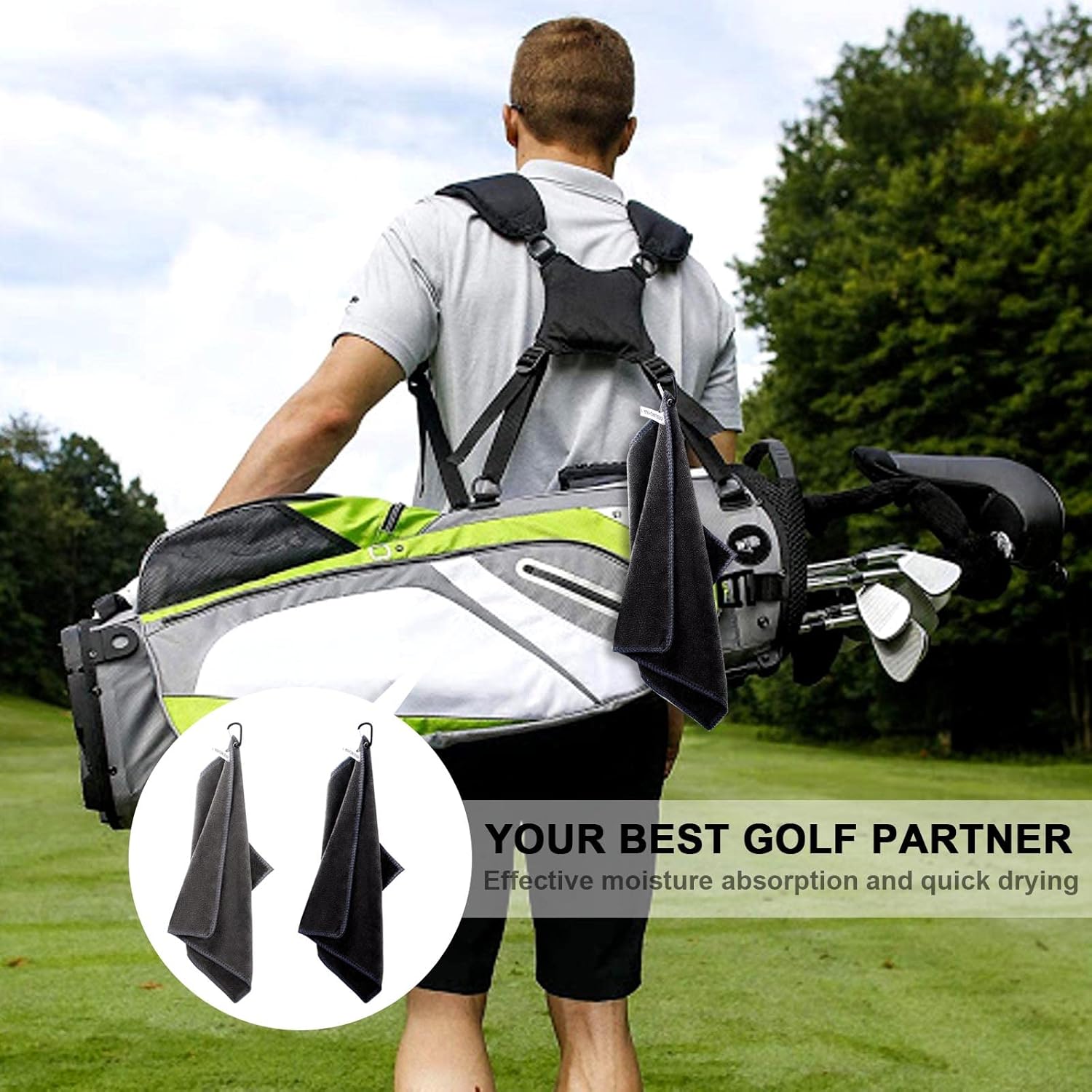 2 pieces golf towels- absorbent cleaning towels- multifunctional towels with carabiner for golf bags- fitness- sport- outdoor- yoga (2 colours)- black - Image 3