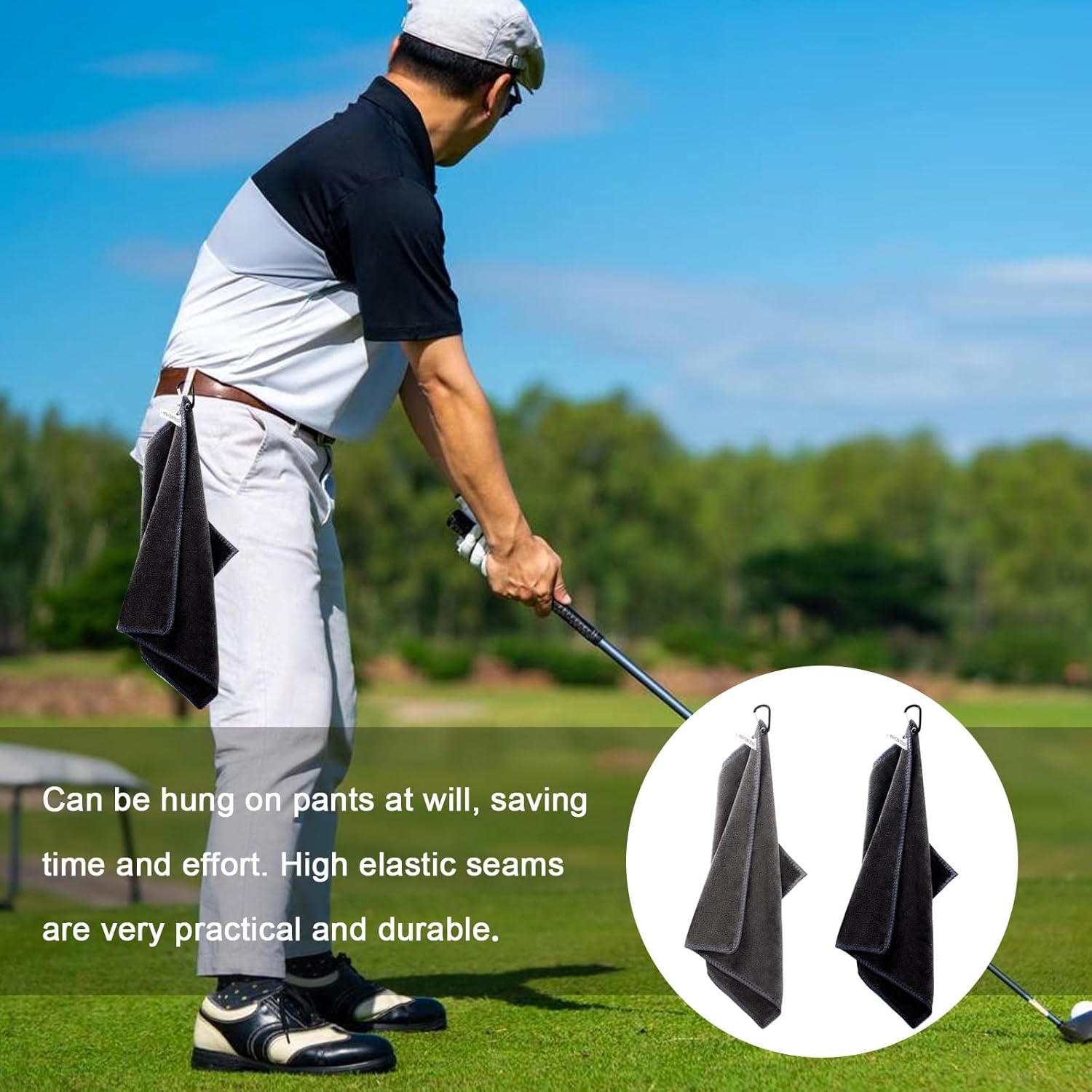 2 pieces golf towels- absorbent cleaning towels- multifunctional towels with carabiner for golf bags- fitness- sport- outdoor- yoga (2 colours)- black - Image 5