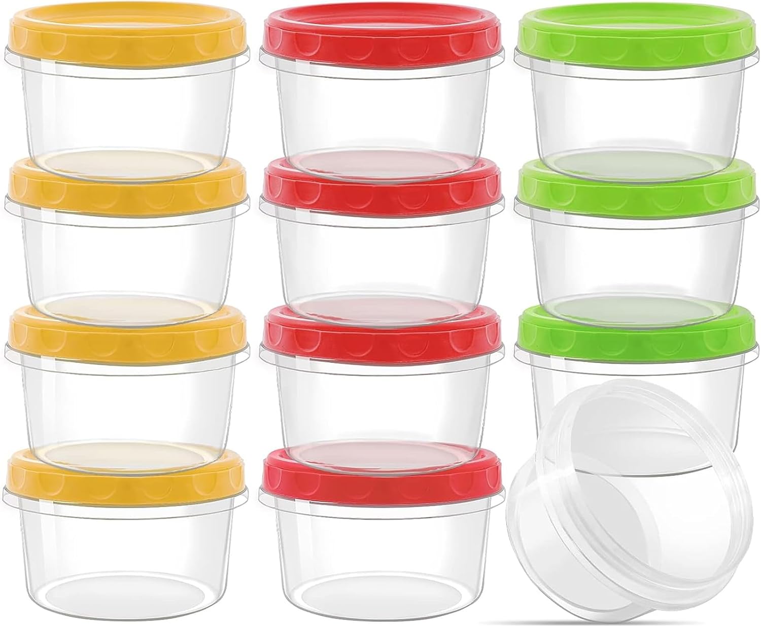12 reusable 8-ounce plastic food containers with lids - deli containers - stackable food storage pots - dishwasher safe - microwave safe and freezer safe (red/green/yellow) - Image 1