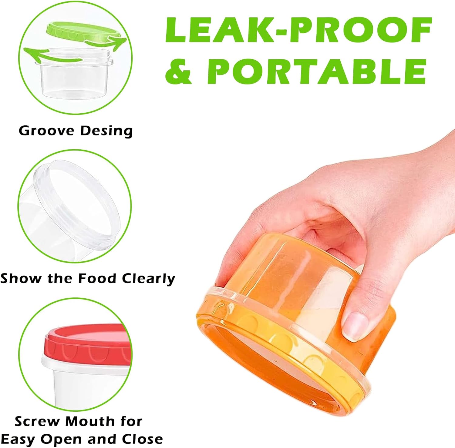 12 reusable 8-ounce plastic food containers with lids - deli containers - stackable food storage pots - dishwasher safe - microwave safe and freezer safe (red/green/yellow) - Image 3