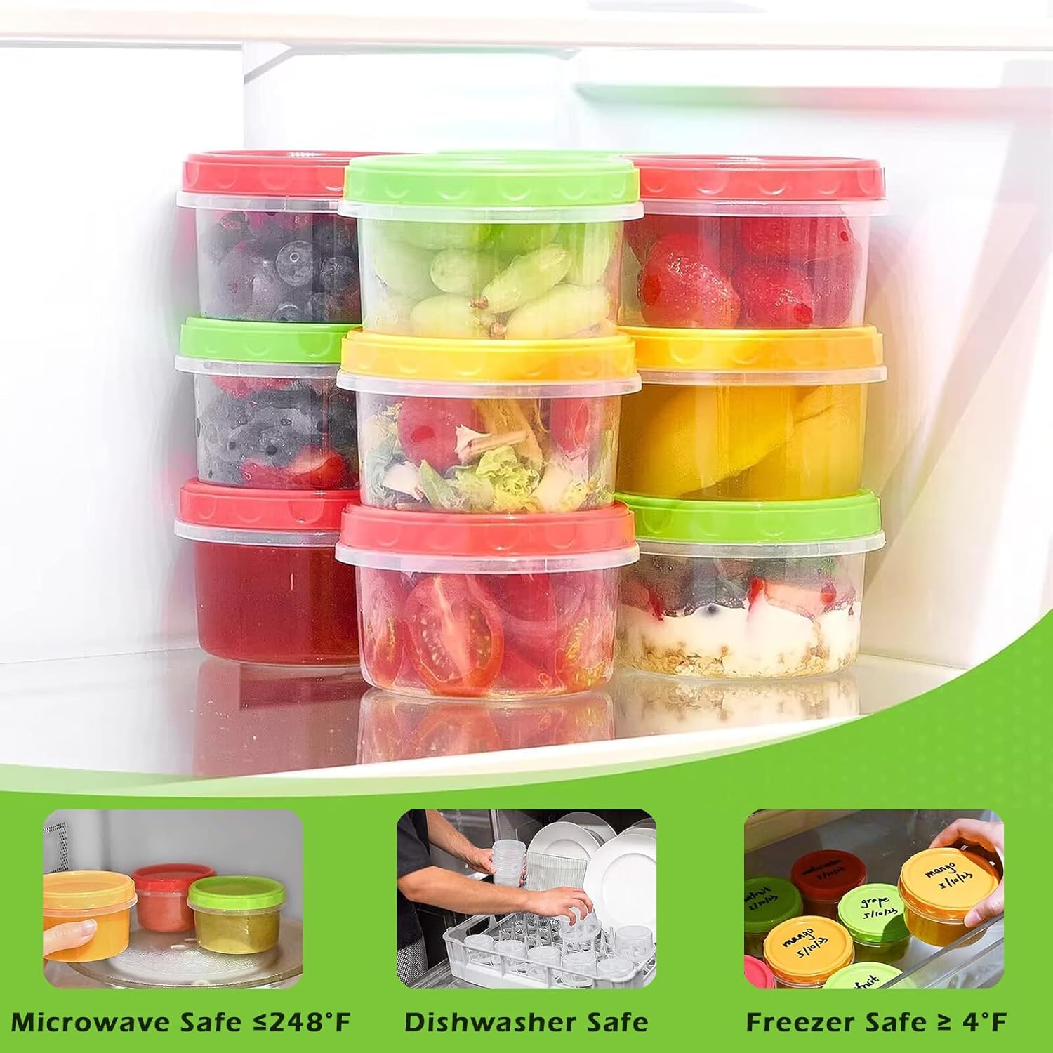 12 reusable 8-ounce plastic food containers with lids - deli containers - stackable food storage pots - dishwasher safe - microwave safe and freezer safe (red/green/yellow) - Image 5