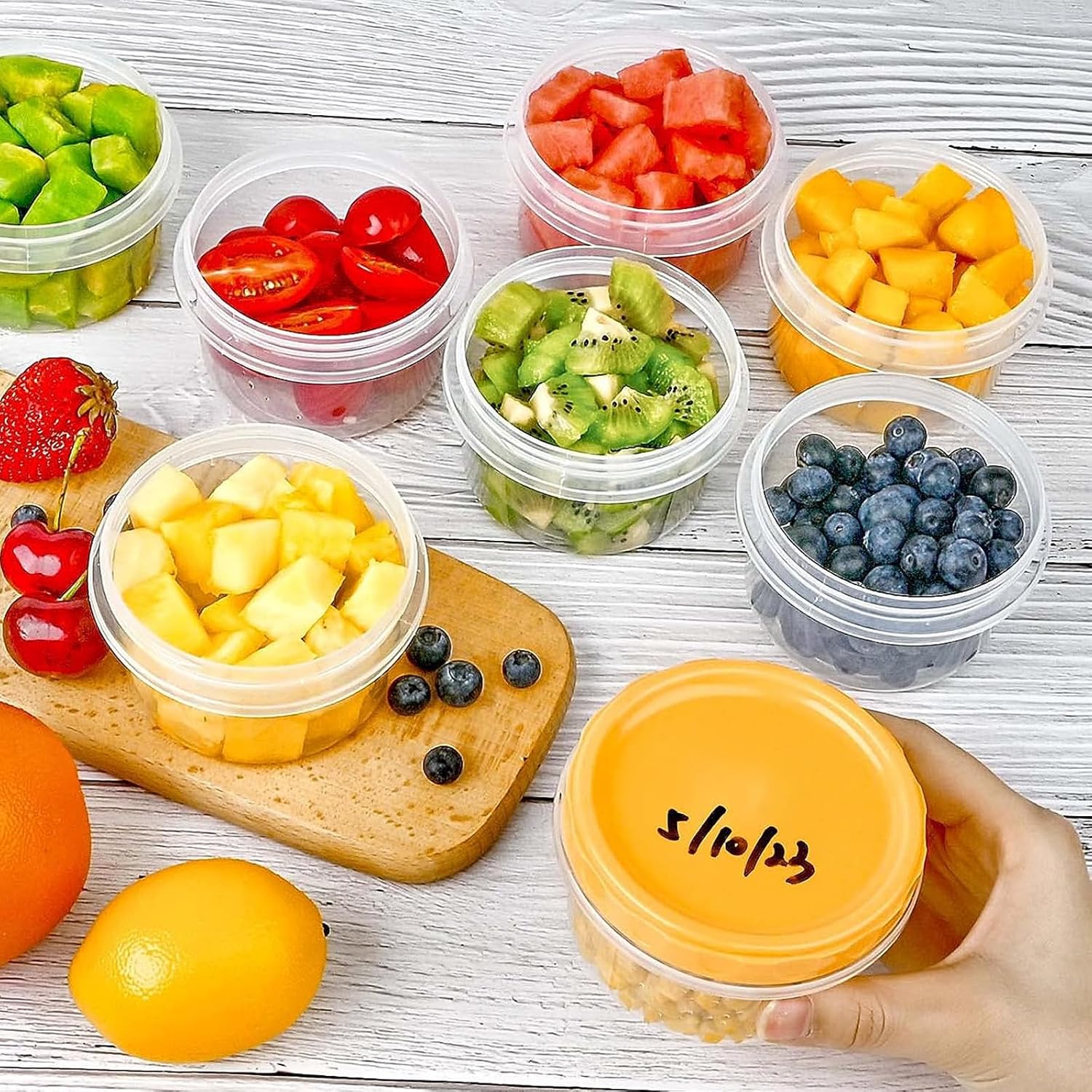 12 reusable 8-ounce plastic food containers with lids - deli containers - stackable food storage pots - dishwasher safe - microwave safe and freezer safe (red/green/yellow) - Image 7