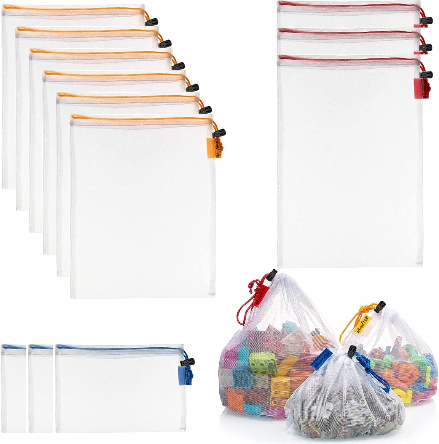 12 pieces of toy storage mesh bags - washable transparent gauze with drawstring - suitable for fruit- vegetables- groceries- groceries- storage space and toys- 3 different sizes - Image 1