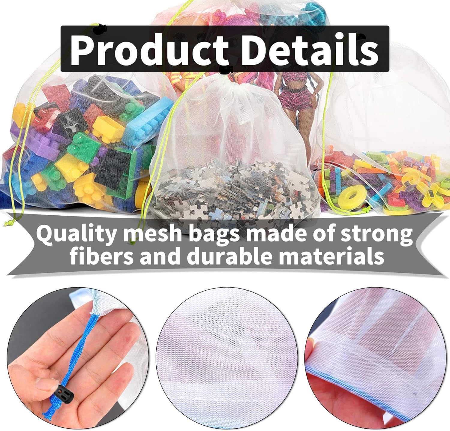 12 pieces of toy storage mesh bags - washable transparent gauze with drawstring - suitable for fruit- vegetables- groceries- groceries- storage space and toys- 3 different sizes - Image 2
