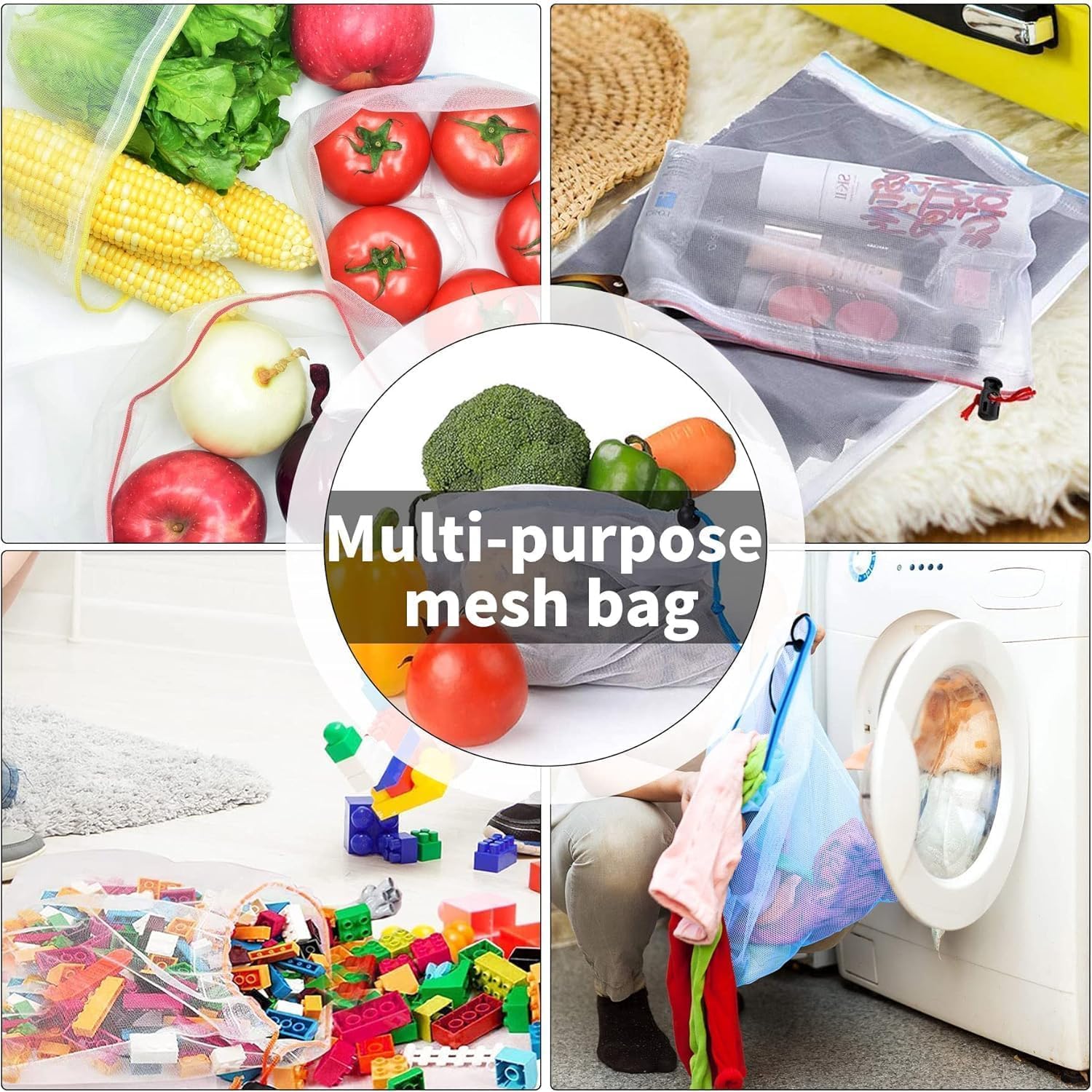 12 pieces of toy storage mesh bags - washable transparent gauze with drawstring - suitable for fruit- vegetables- groceries- groceries- storage space and toys- 3 different sizes - Image 3