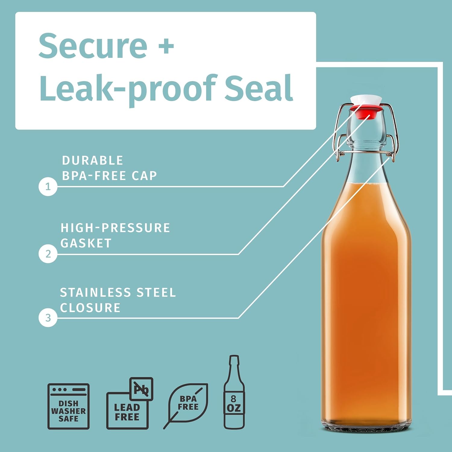 Clip-on glass storage bottle with lid for brewing beer, wine, spices, drinks, oil, vinegar, kombucha and water - Image 3