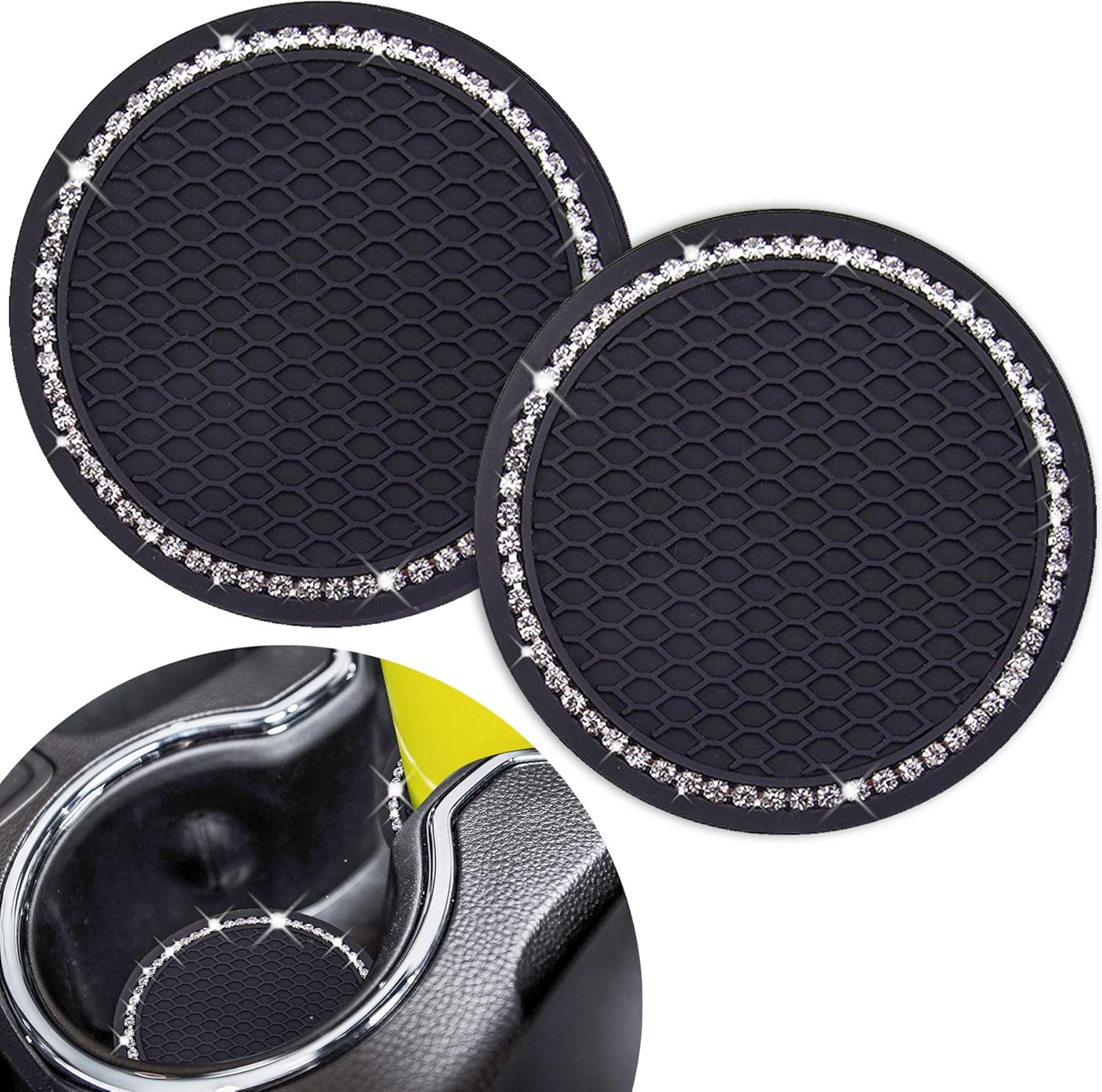 Nice car coasters 2 pieces Universal car cup holder inserts Coasters 2-75 inch Silicone non-slip sparkling crystal diamond Car accessories for women and ladies (black background with white diamonds) - Image 1