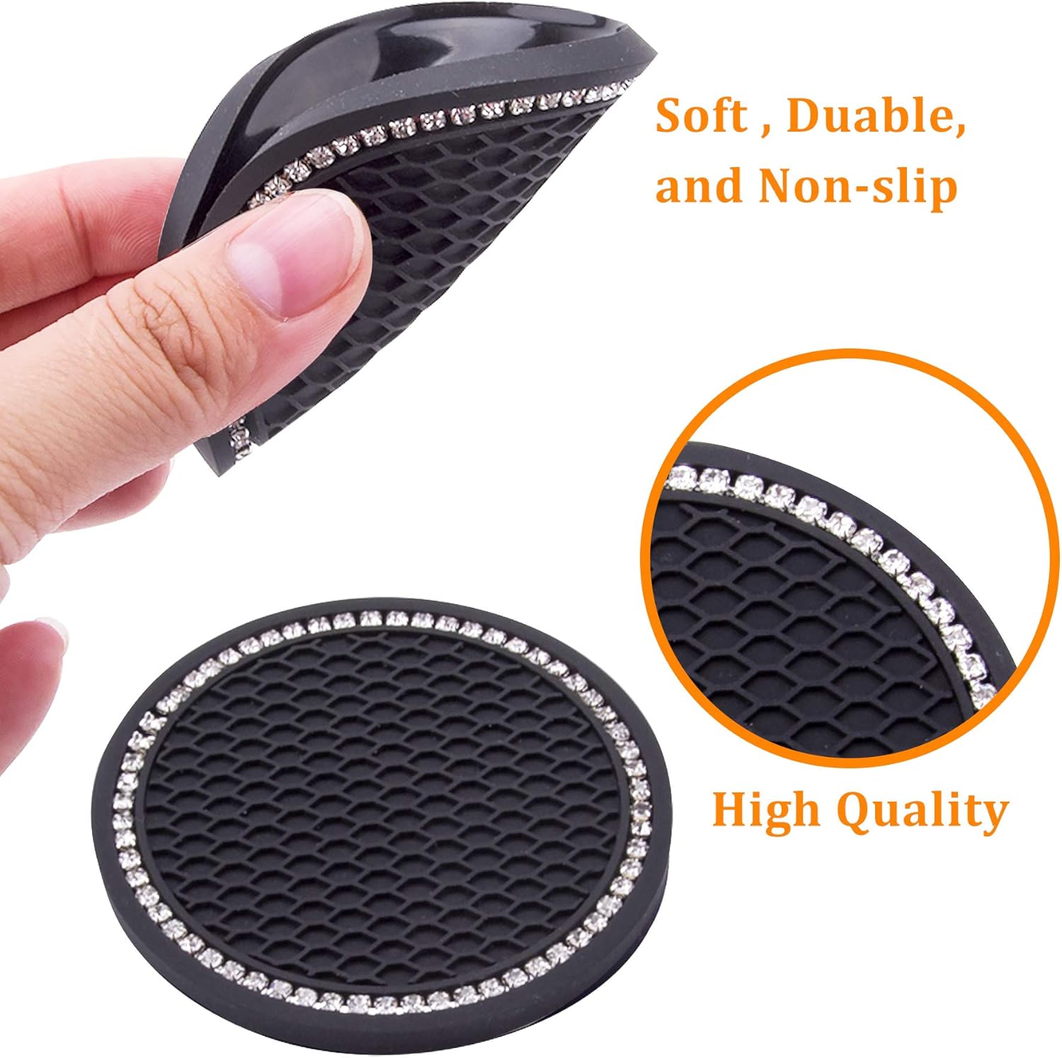 Nice car coasters 2 pieces Universal car cup holder inserts Coasters 2-75 inch Silicone non-slip sparkling crystal diamond Car accessories for women and ladies (black background with white diamonds) - Image 4