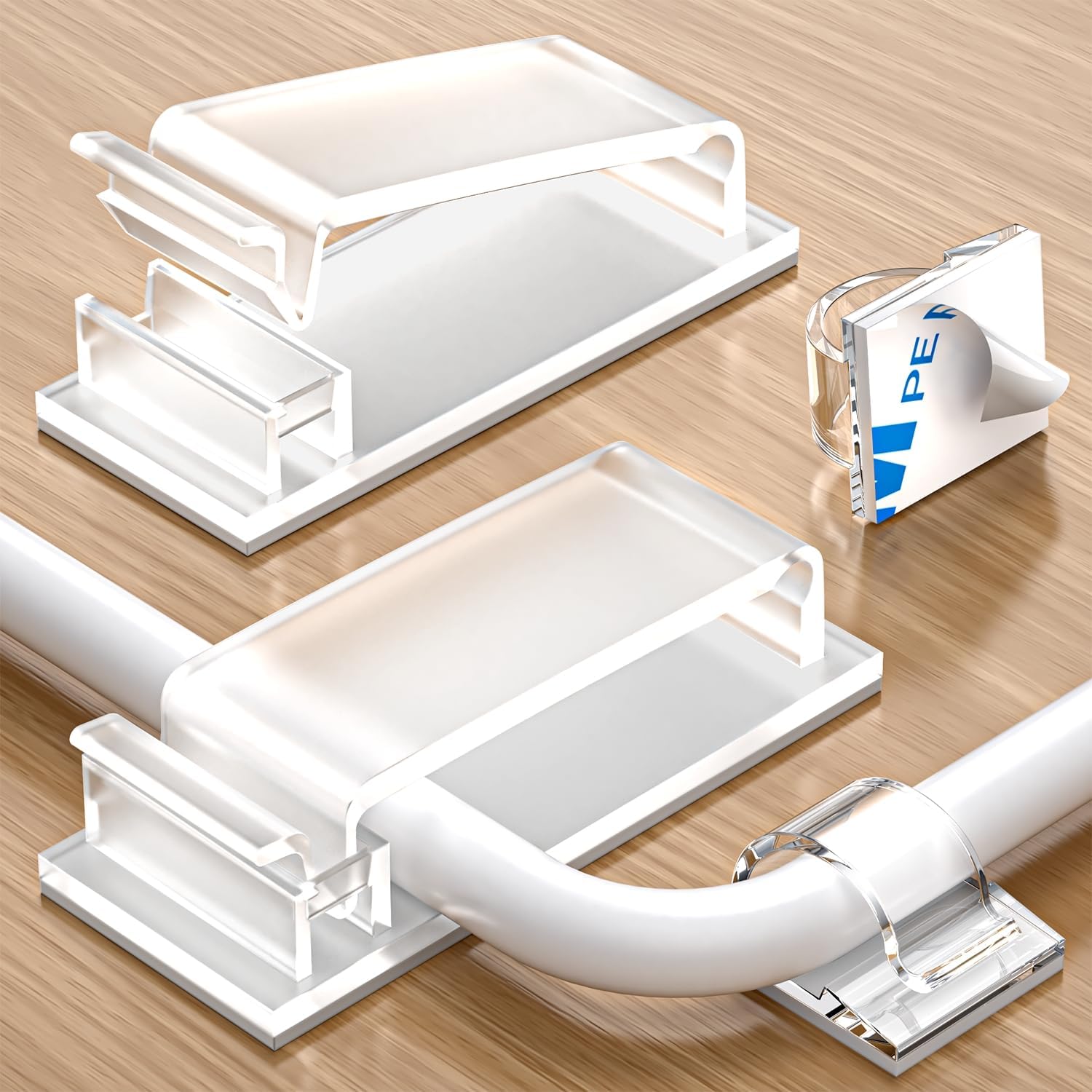 70 self-adhesive cable clips - 50 small + 20 large self-adhesive cable organizers - plastic cable organizer clips for organizing cables on the wall - on the desk and in the home office (clear) - Image 1
