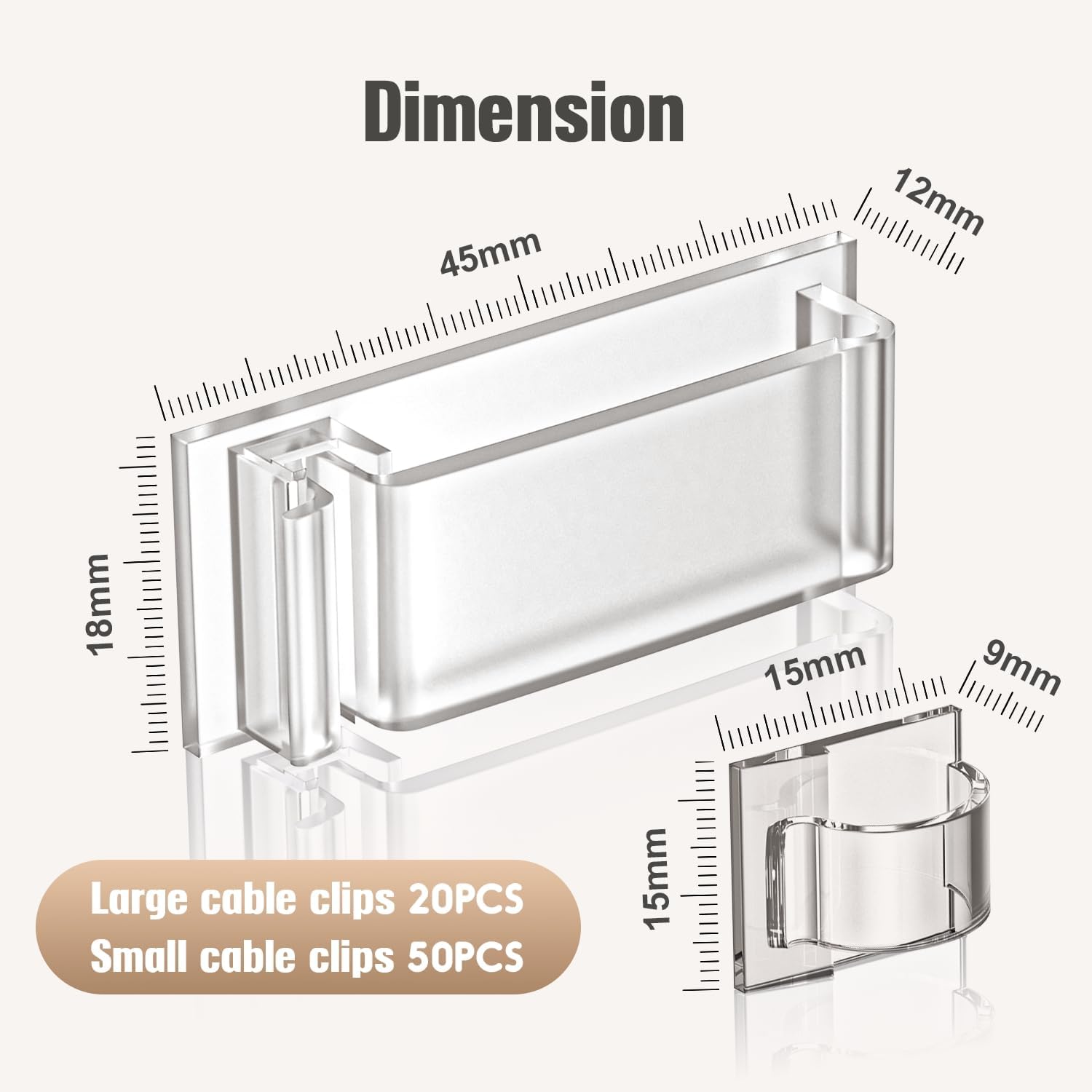 70 self-adhesive cable clips - 50 small + 20 large self-adhesive cable organizers - plastic cable organizer clips for organizing cables on the wall - on the desk and in the home office (clear) - Image 2
