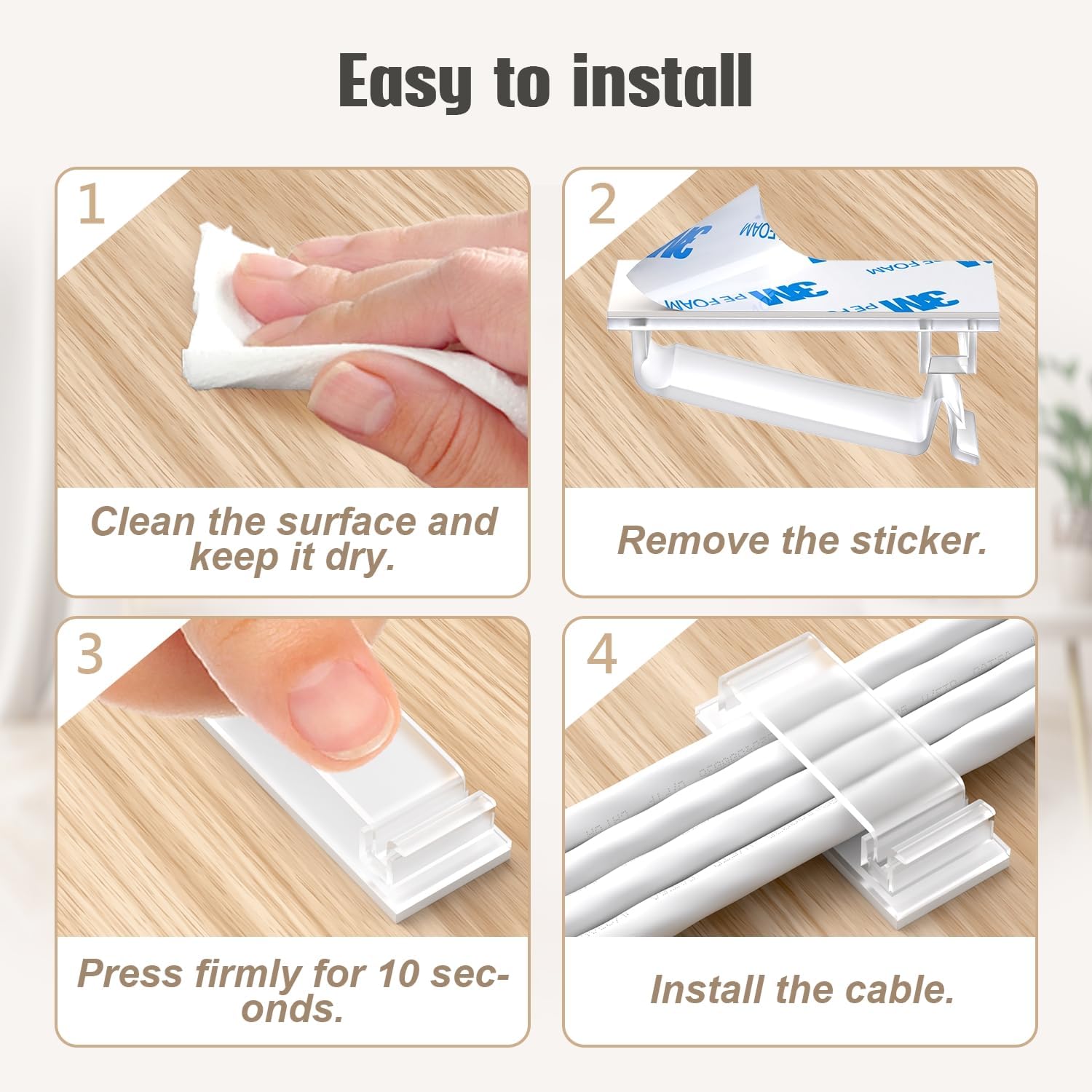 70 self-adhesive cable clips - 50 small + 20 large self-adhesive cable organizers - plastic cable organizer clips for organizing cables on the wall - on the desk and in the home office (clear) - Image 5