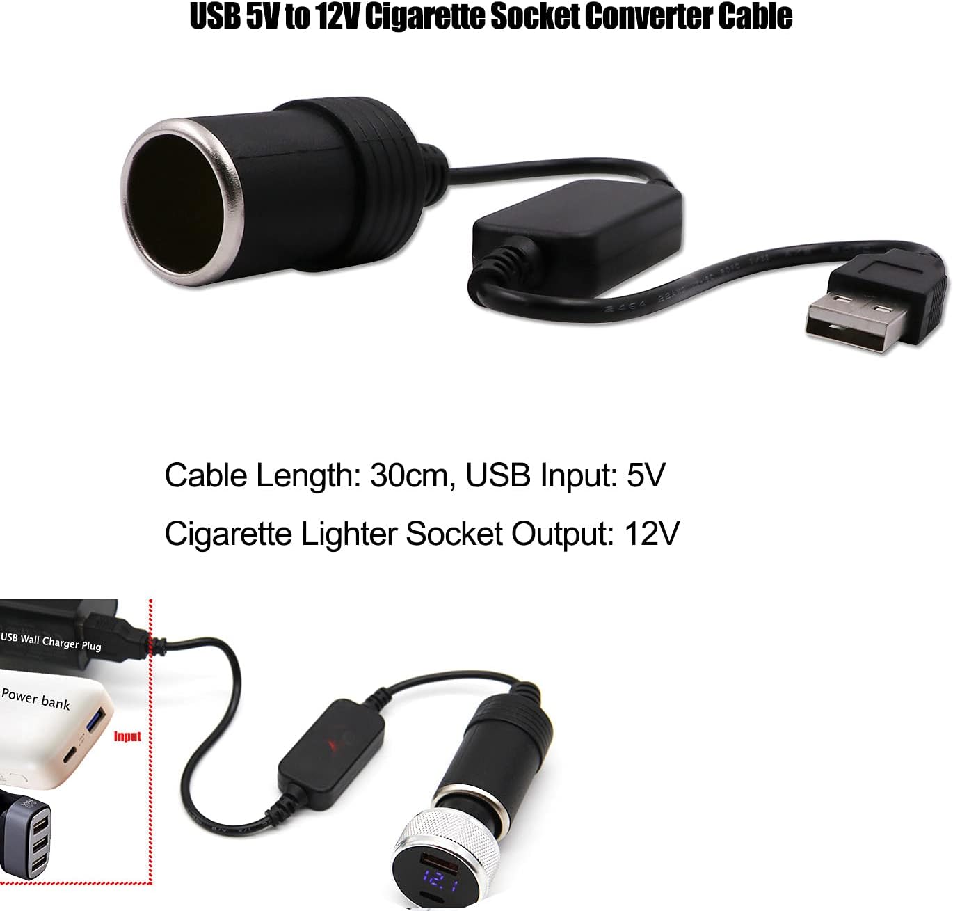 USB A male to 12V car cigarette lighter female adapter cable (max. 8W) - Image 2