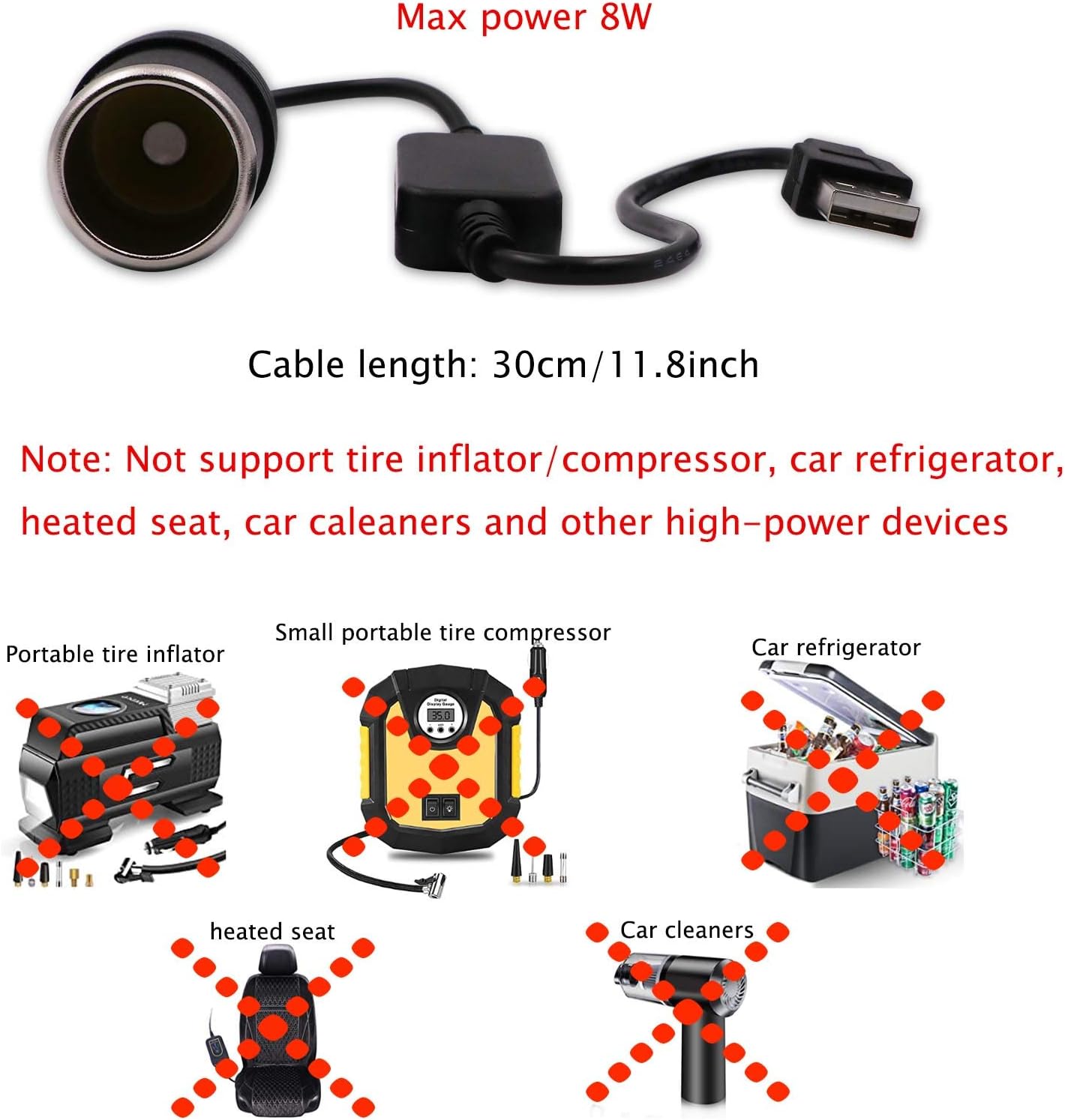 USB A male to 12V car cigarette lighter female adapter cable (max. 8W) - Image 3