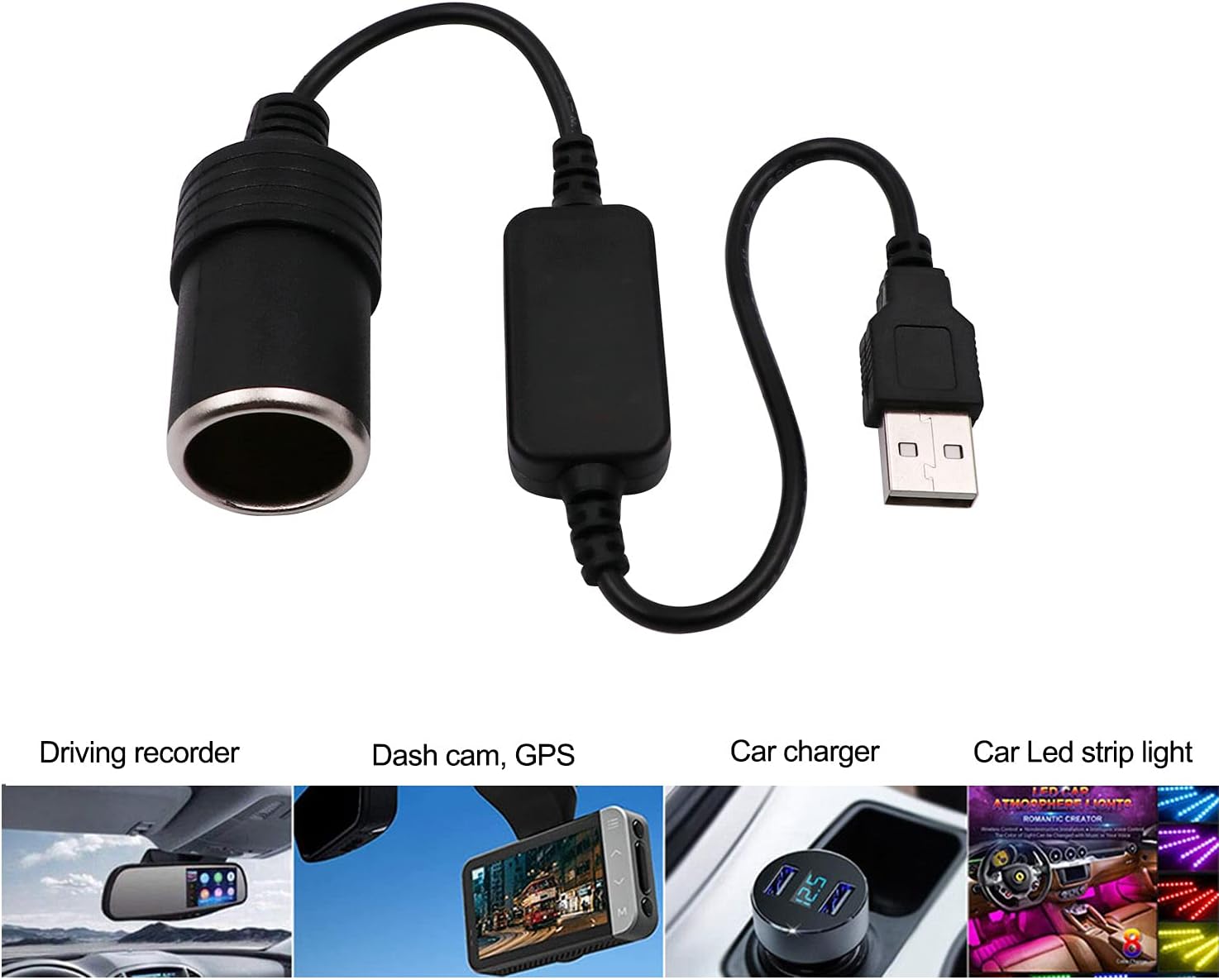 USB A male to 12V car cigarette lighter female adapter cable (max. 8W) - Image 5