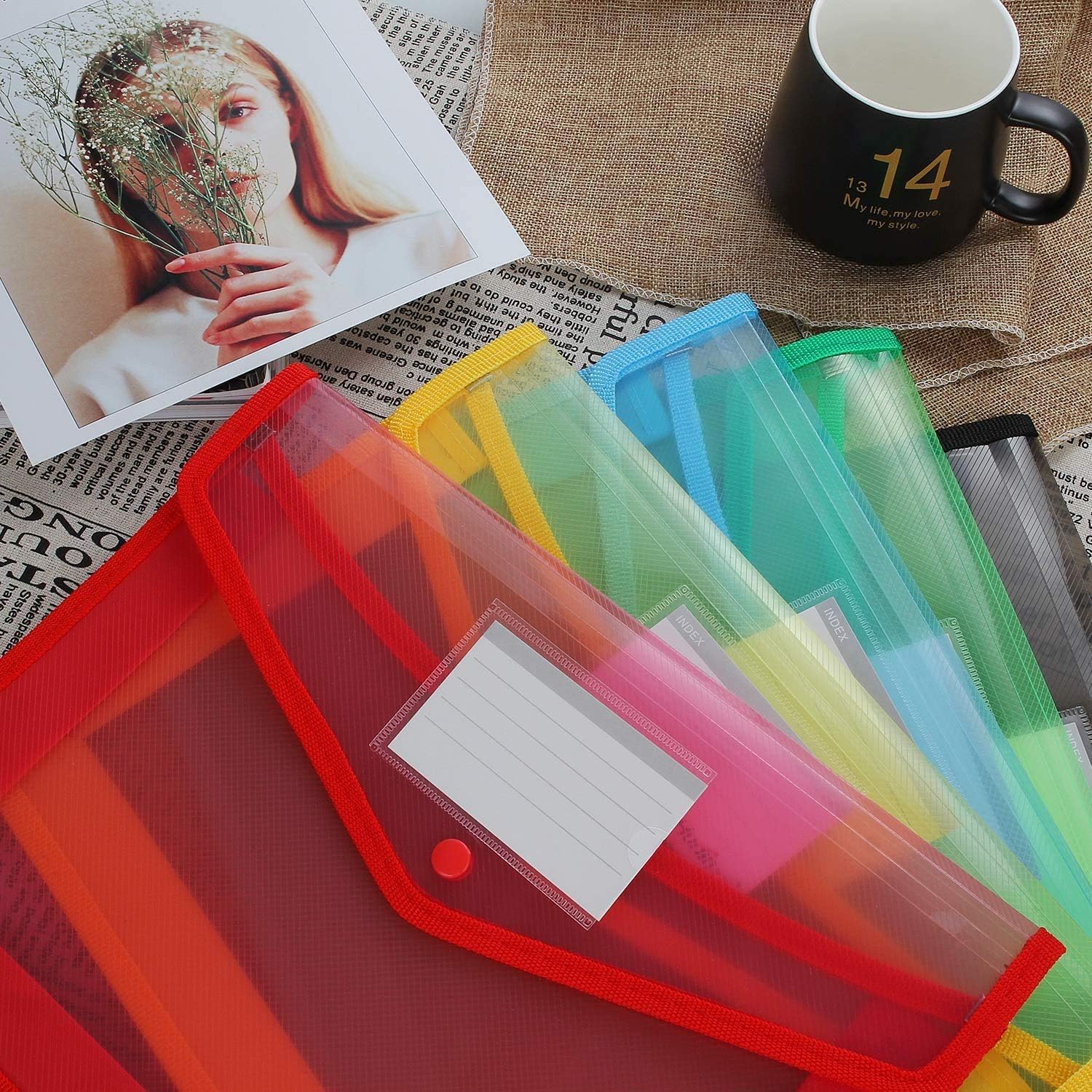A4 plastic wallet - set of 5 popper wallets plastic folders premium pocket map envelopes for school office home with press stud closure - large capacity - Image 6