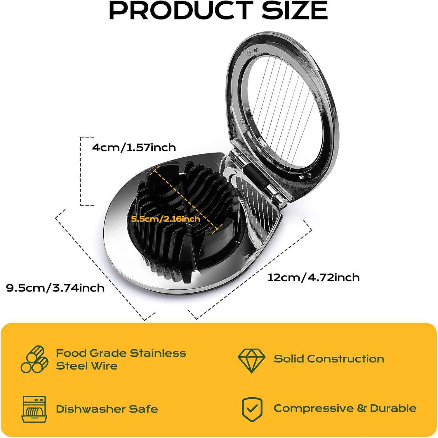 Egg Slicer - Egg Slicer - Heavy-Duty Egg Slicer for Hard-Boiled Eggs - Strawberry Decorating Slicer - Stainless Steel Wire - 3 Cutting Methods - Dishwasher Safe - Image 8