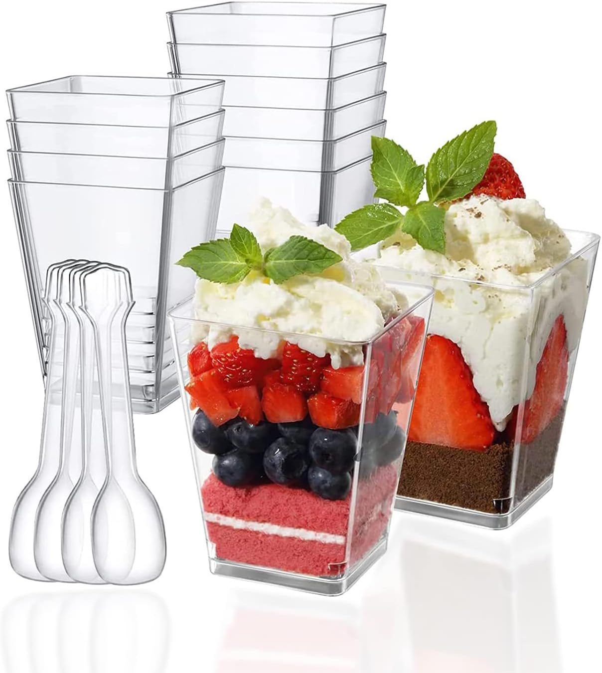 Mini dessert cups (with spoon) 50 pieces reusable - clear - square plastic dessert cups - cheesecake pots - multi-purpose dessert bowls for mousse pudding - dessert party supplies - Image 1