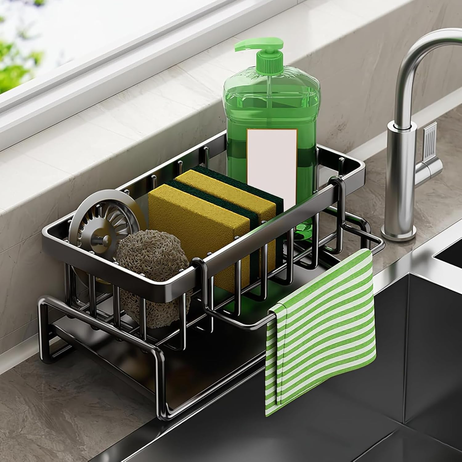 Multifunctional kitchen sink caddy - black stainless steel sponge holder - countertop cleaning rack with removable cloth holder - dish drying rack for kitchen and bathroom (black) - Image 1