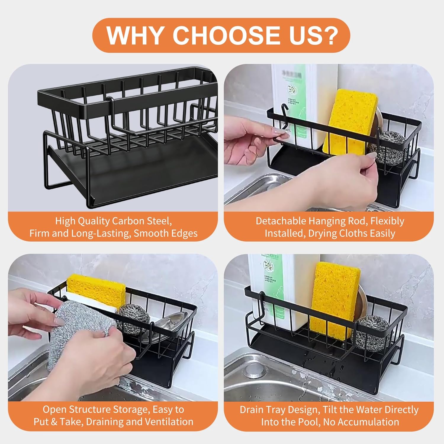 Multifunctional kitchen sink caddy - black stainless steel sponge holder - countertop cleaning rack with removable cloth holder - dish drying rack for kitchen and bathroom (black) - Image 3