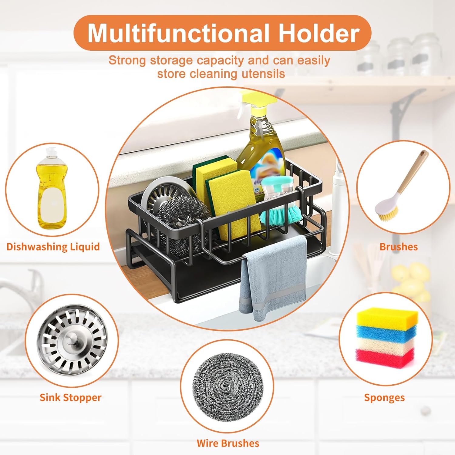 Multifunctional kitchen sink caddy - black stainless steel sponge holder - countertop cleaning rack with removable cloth holder - dish drying rack for kitchen and bathroom (black) - Image 4