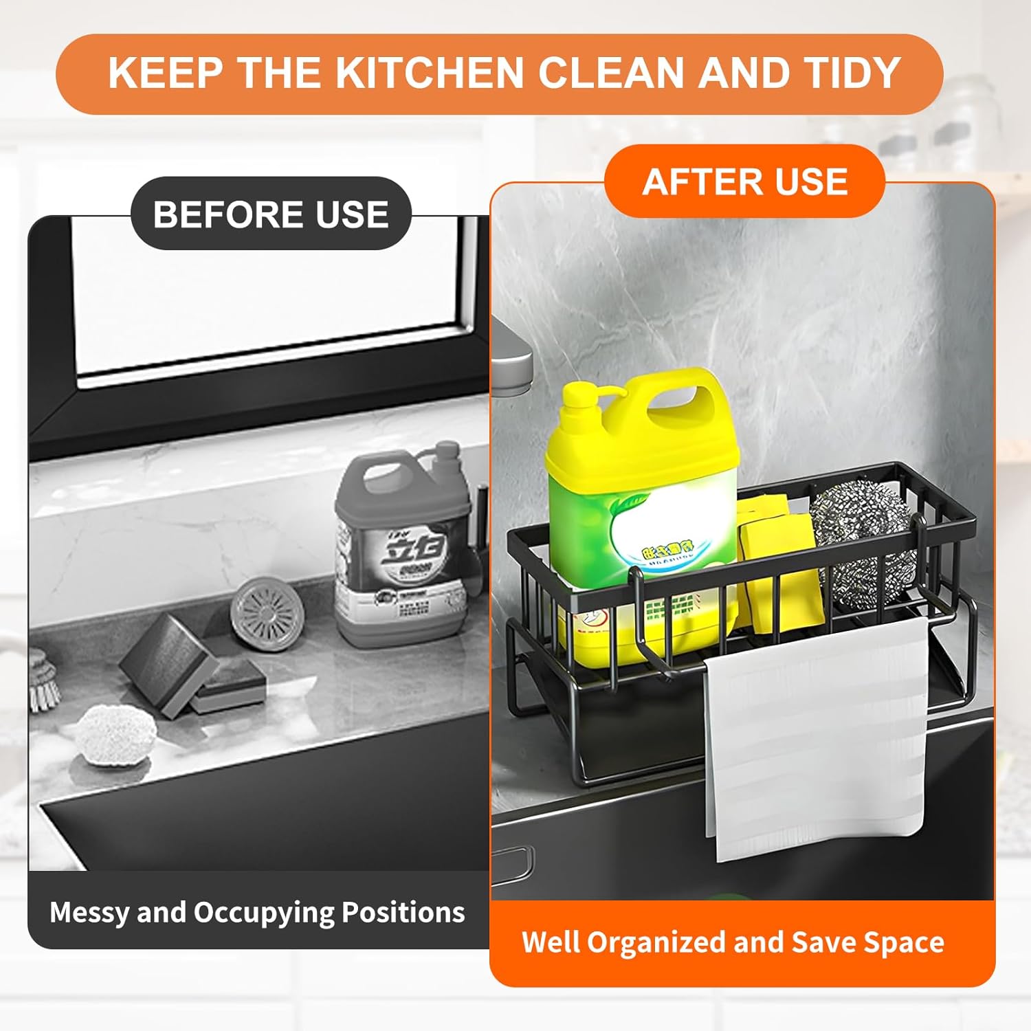 Multifunctional kitchen sink caddy - black stainless steel sponge holder - countertop cleaning rack with removable cloth holder - dish drying rack for kitchen and bathroom (black) - Image 5
