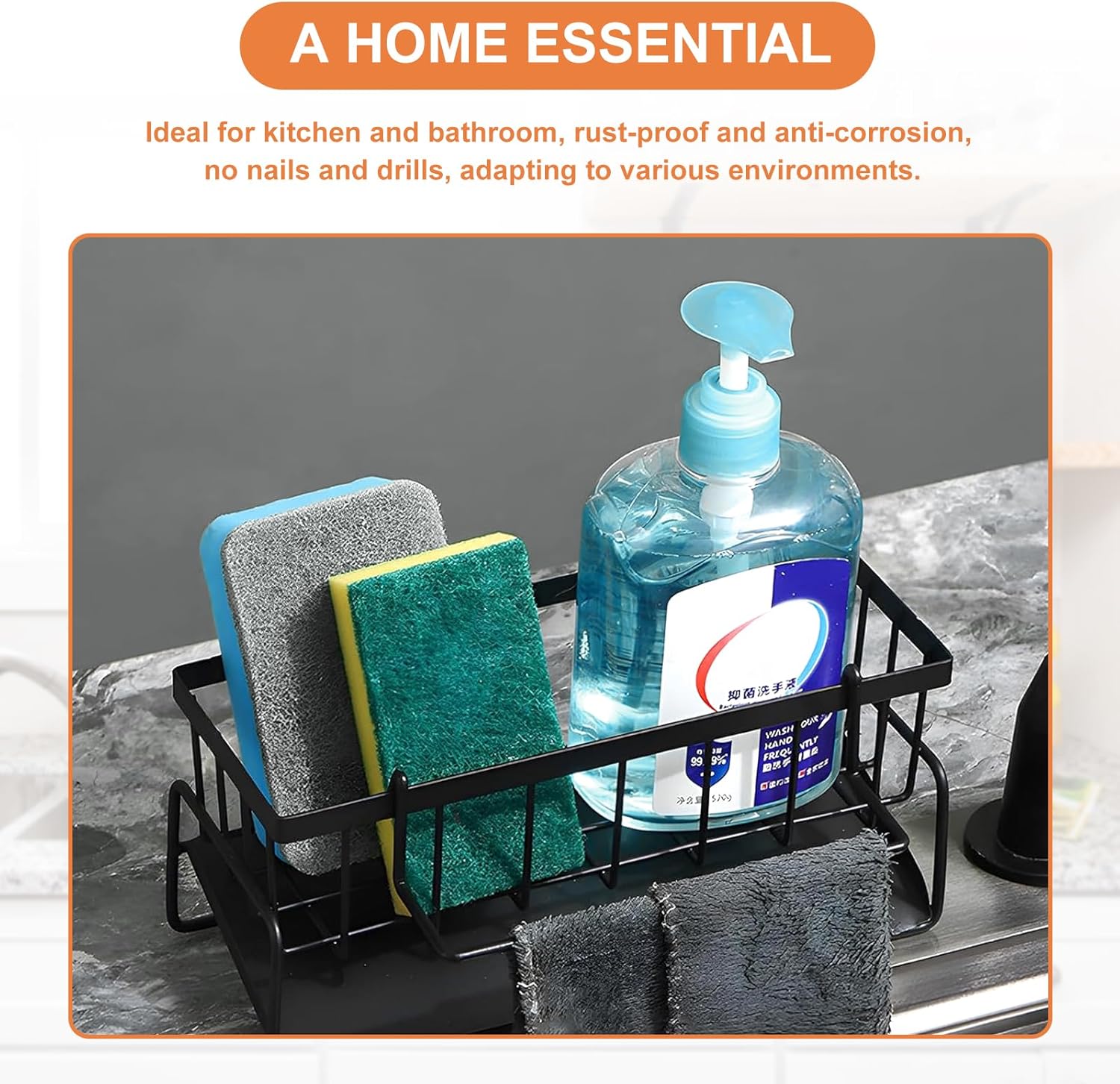 Multifunctional kitchen sink caddy - black stainless steel sponge holder - countertop cleaning rack with removable cloth holder - dish drying rack for kitchen and bathroom (black) - Image 6
