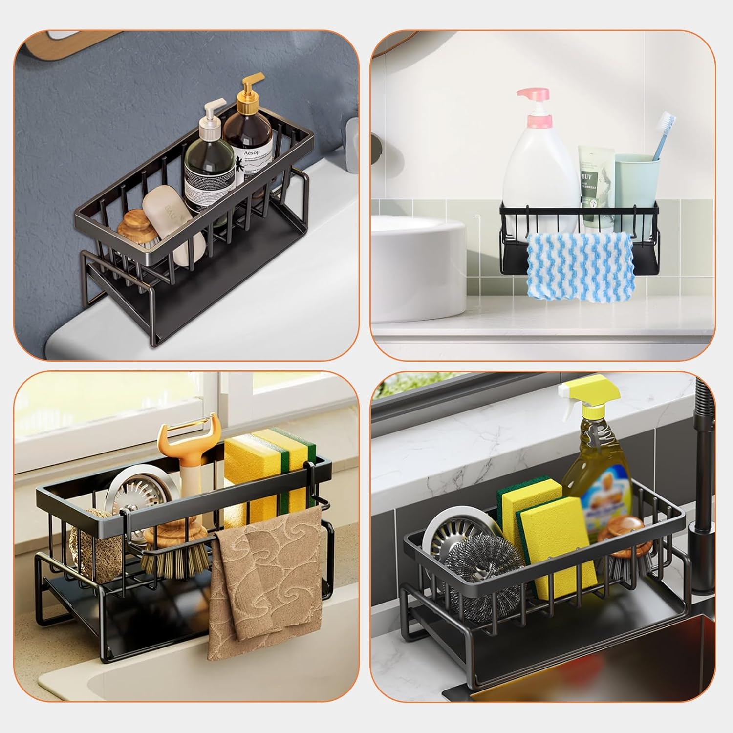 Multifunctional kitchen sink caddy - black stainless steel sponge holder - countertop cleaning rack with removable cloth holder - dish drying rack for kitchen and bathroom (black) - Image 7