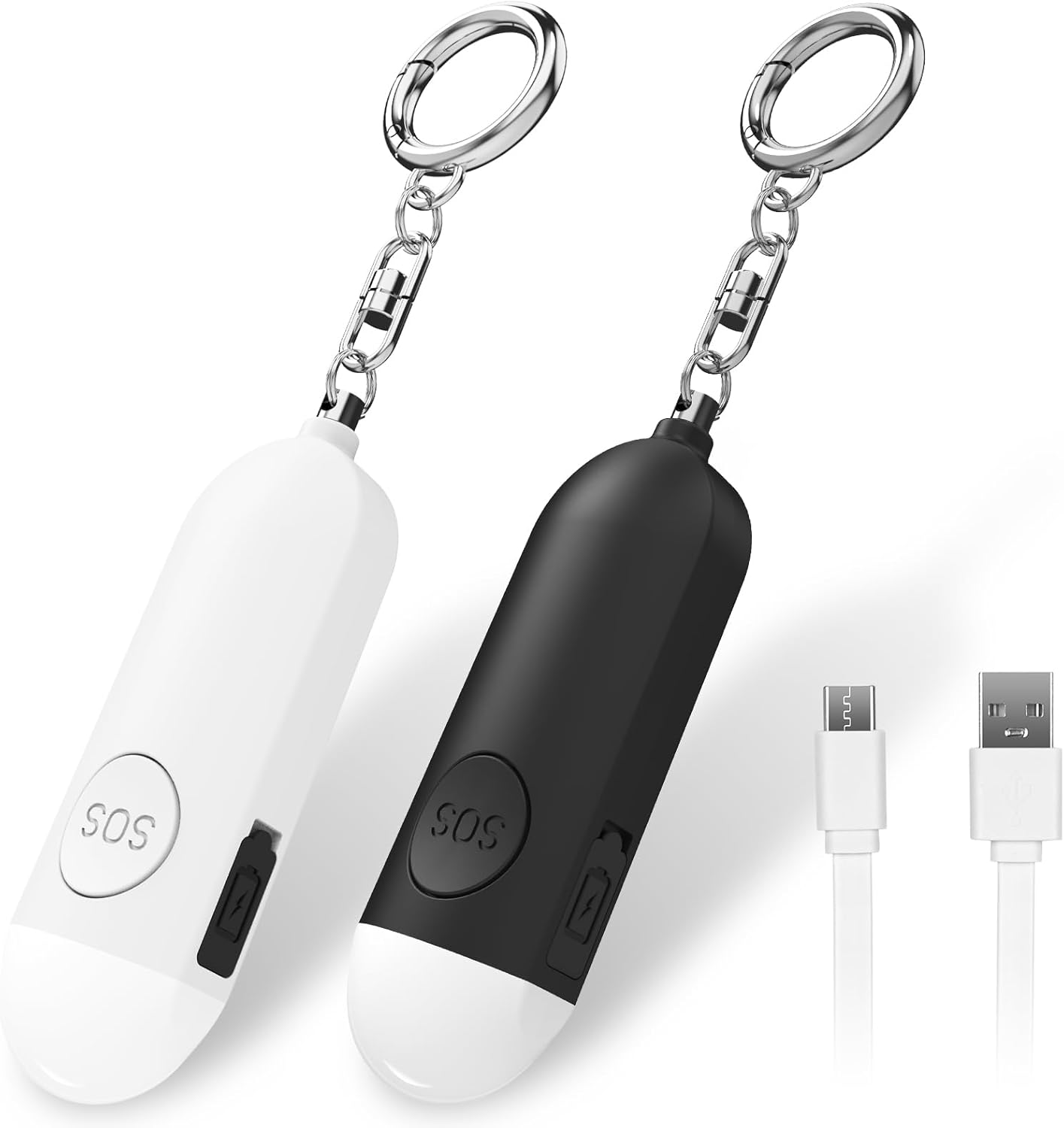 Alarm - Torch - 2-pack - 130dB - Personal alarm - Security alarm - Rechargeable - Emergency siren - with LED light - Keychain - (Black & White) - Image 1