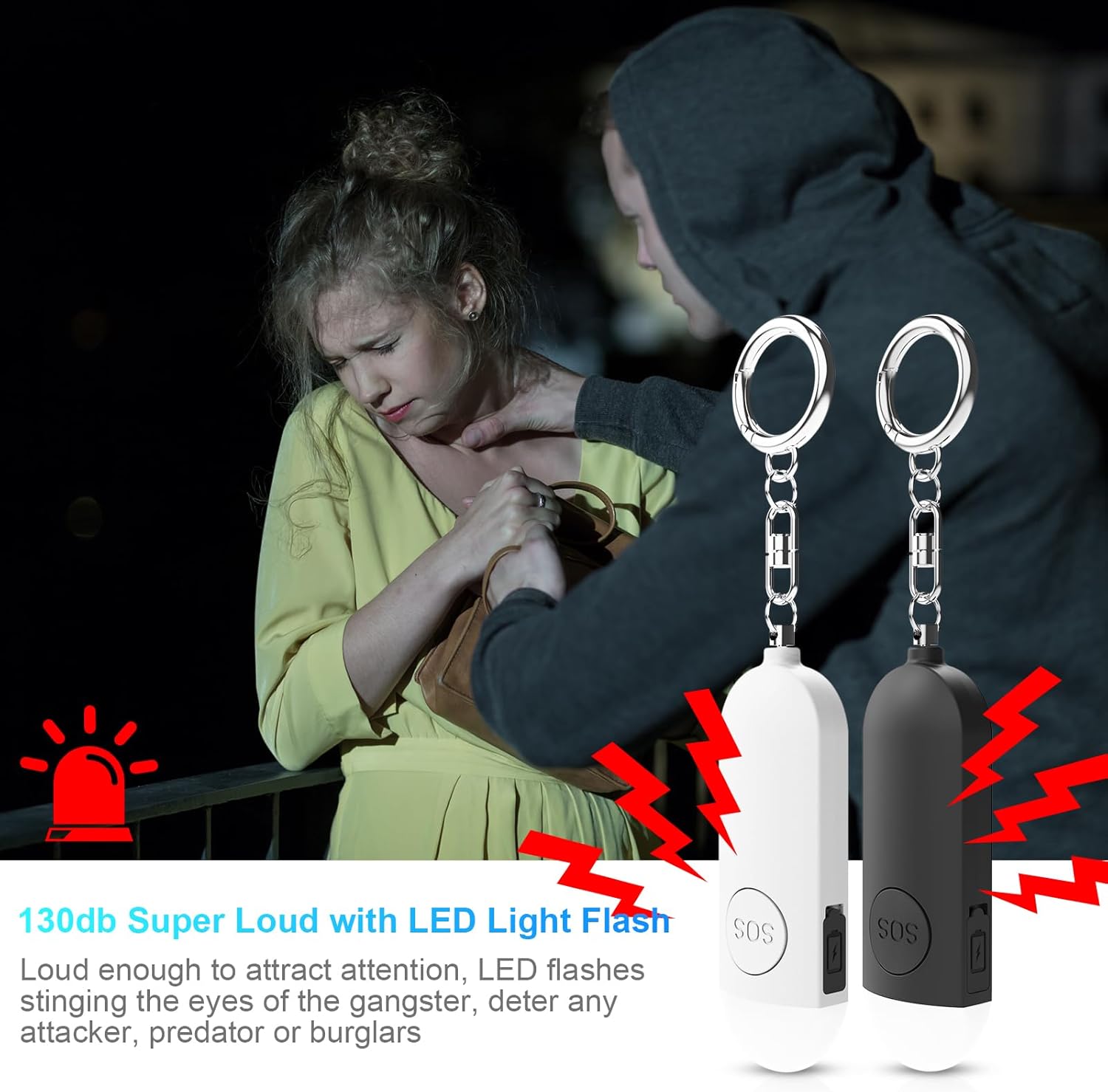 Alarm - Torch - 2-pack - 130dB - Personal alarm - Security alarm - Rechargeable - Emergency siren - with LED light - Keychain - (Black & White) - Image 2