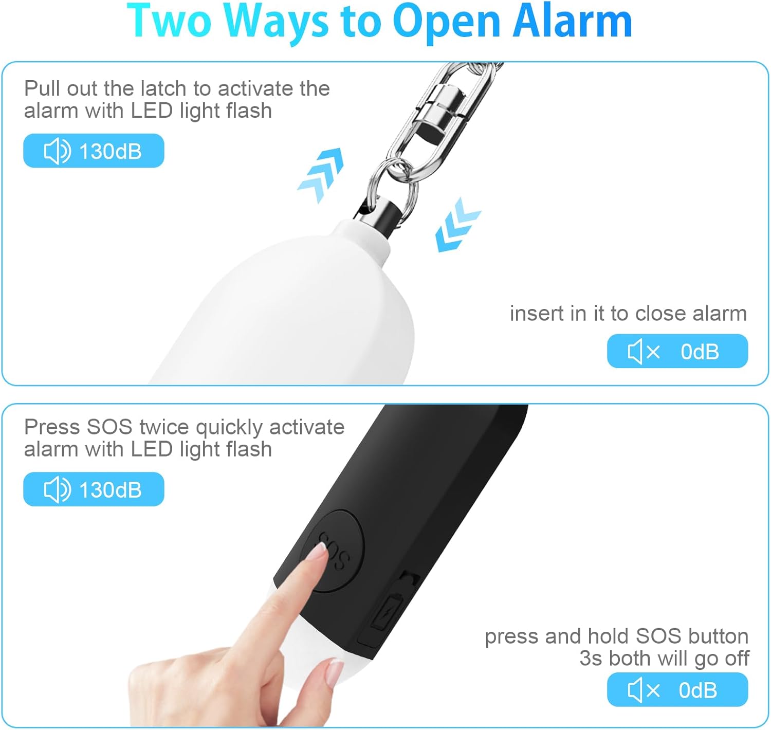 Alarm - Torch - 2-pack - 130dB - Personal alarm - Security alarm - Rechargeable - Emergency siren - with LED light - Keychain - (Black & White) - Image 4