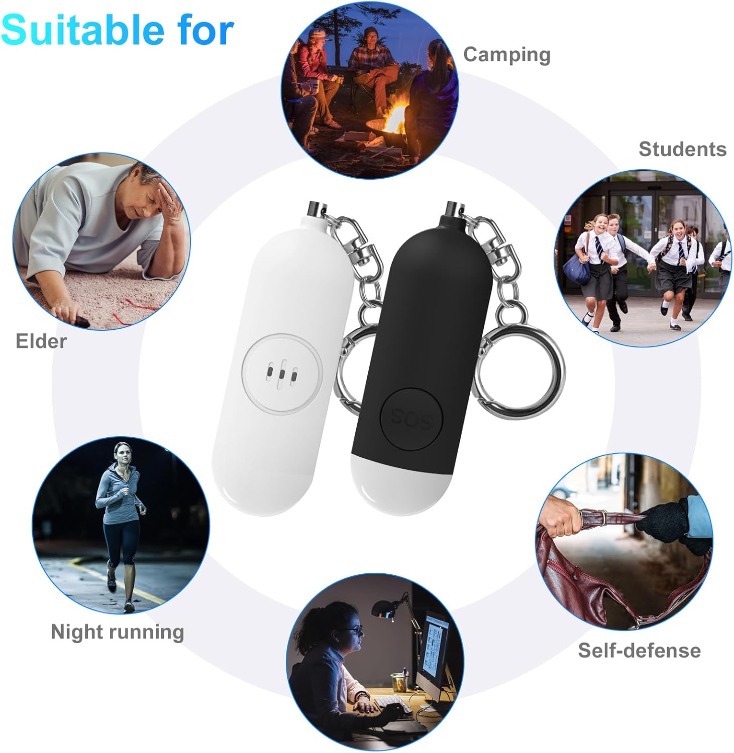 Alarm - Torch - 2-pack - 130dB - Personal alarm - Security alarm - Rechargeable - Emergency siren - with LED light - Keychain - (Black & White) - Image 7