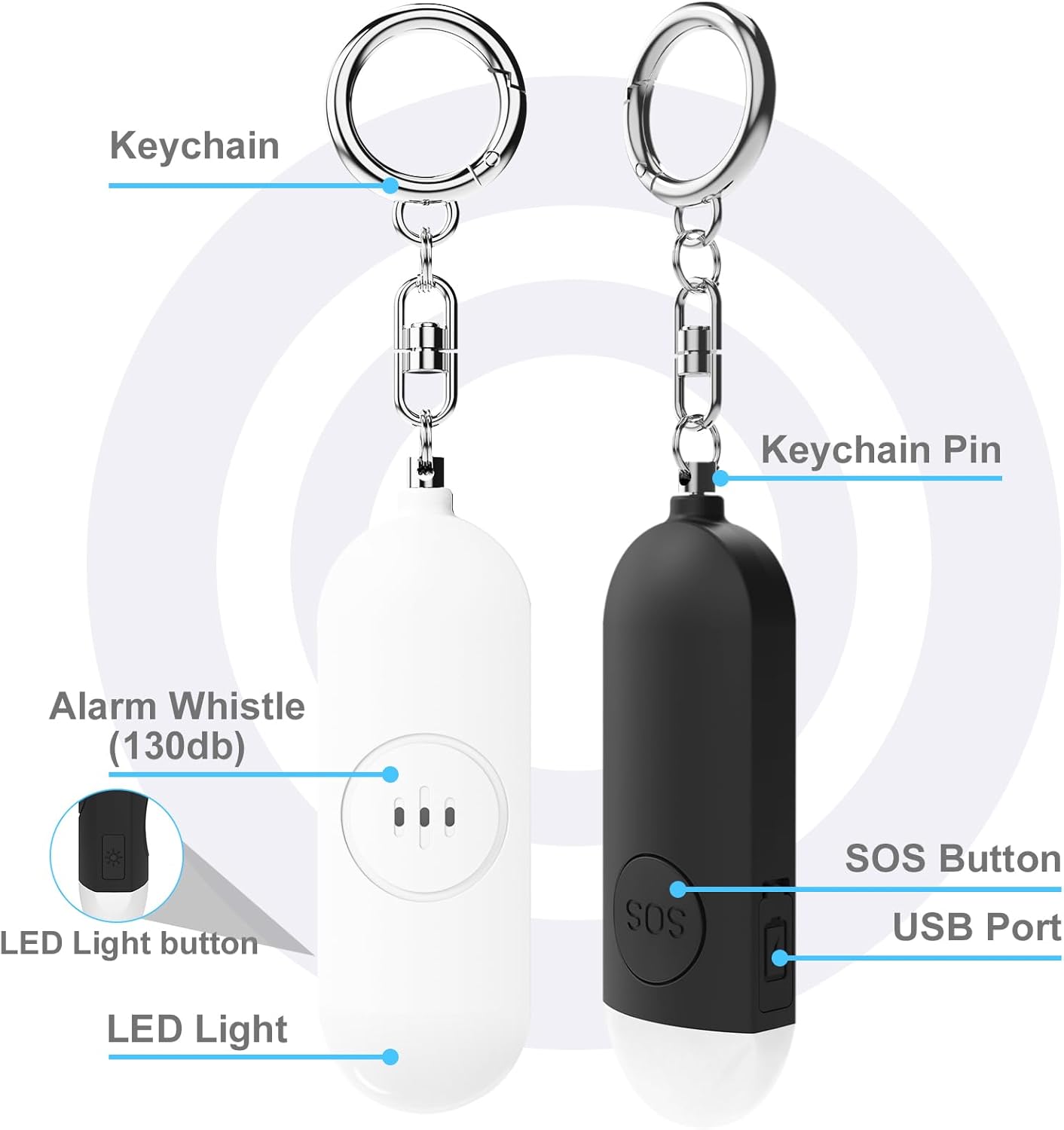 Alarm - Torch - 2-pack - 130dB - Personal alarm - Security alarm - Rechargeable - Emergency siren - with LED light - Keychain - (Black & White) - Image 8