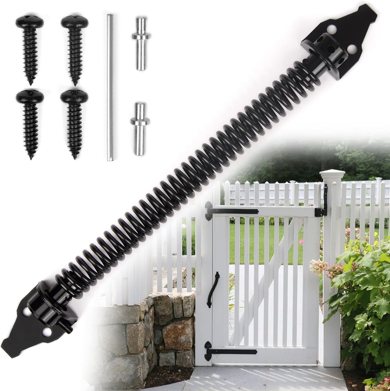 14 inch automatically closing gate spring hardware Adjustable metal spring closer for light to heavy wooden doors Gate latch Black garden gate latch for wooden doors - Image 1