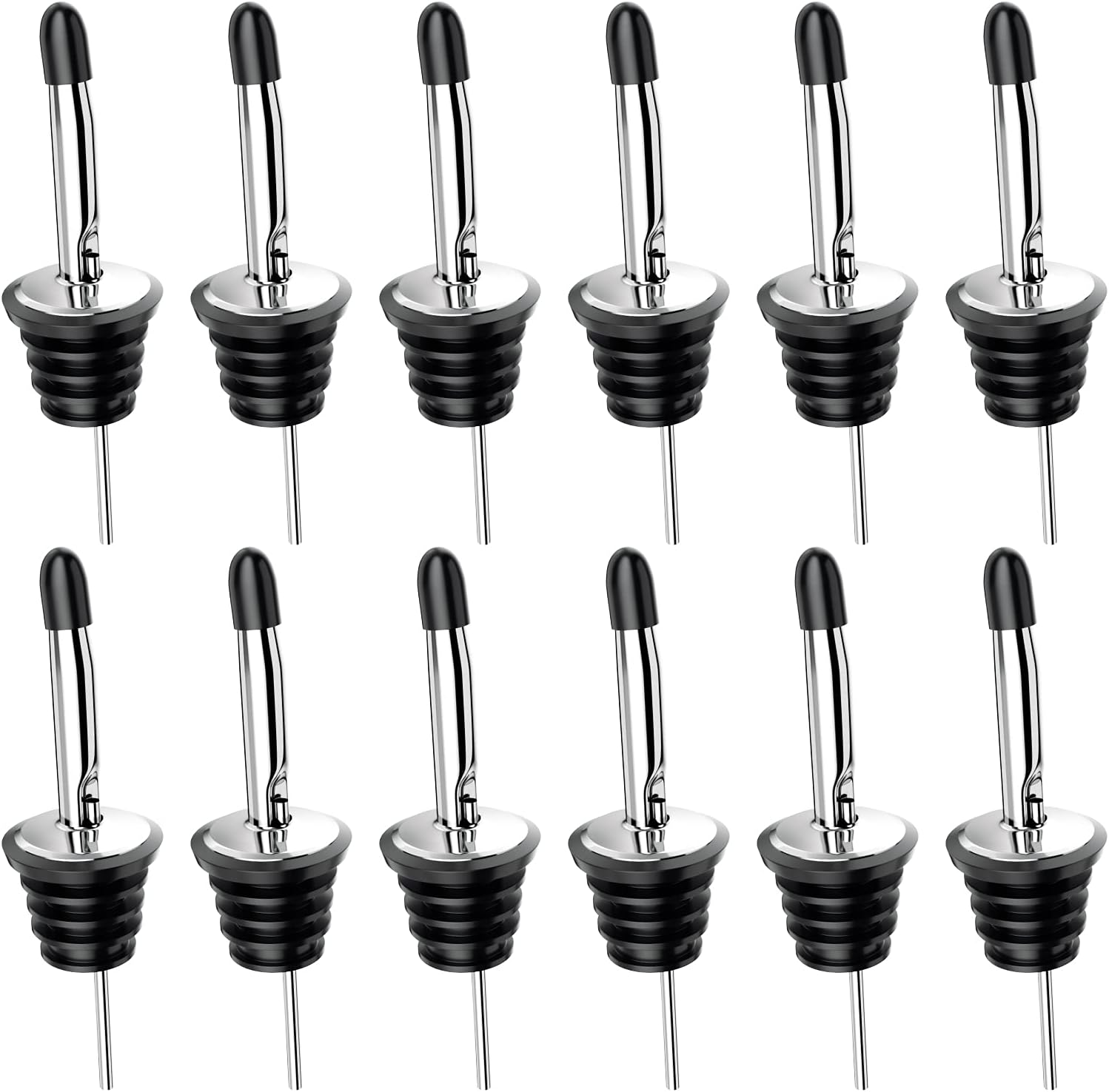 Wine bottle pourer - 12-pack stainless steel - quick bottle dispenser with conical spout and rubber dust cap for wine and spirits bottles - Image 1