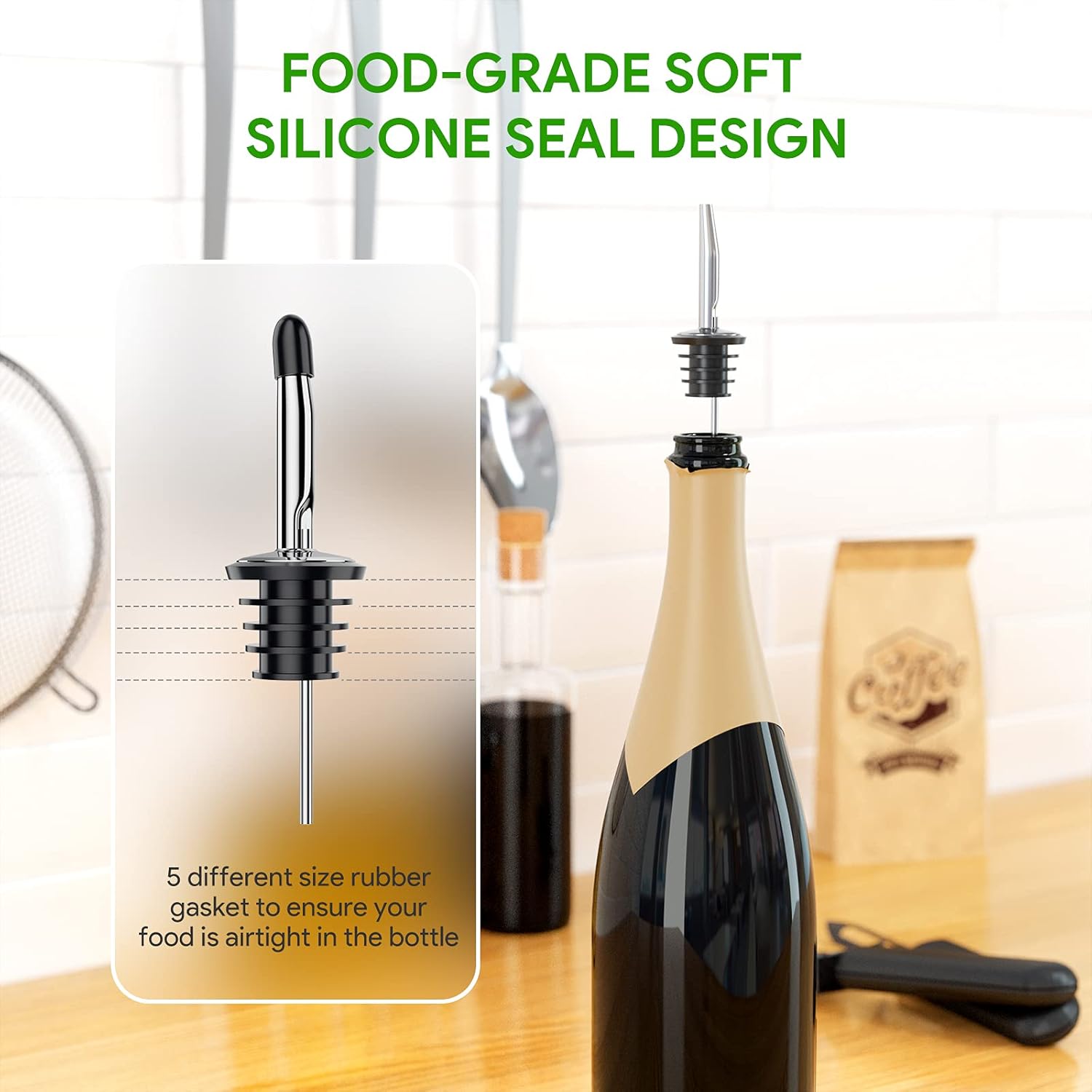 Wine bottle pourer - 12-pack stainless steel - quick bottle dispenser with conical spout and rubber dust cap for wine and spirits bottles - Image 4