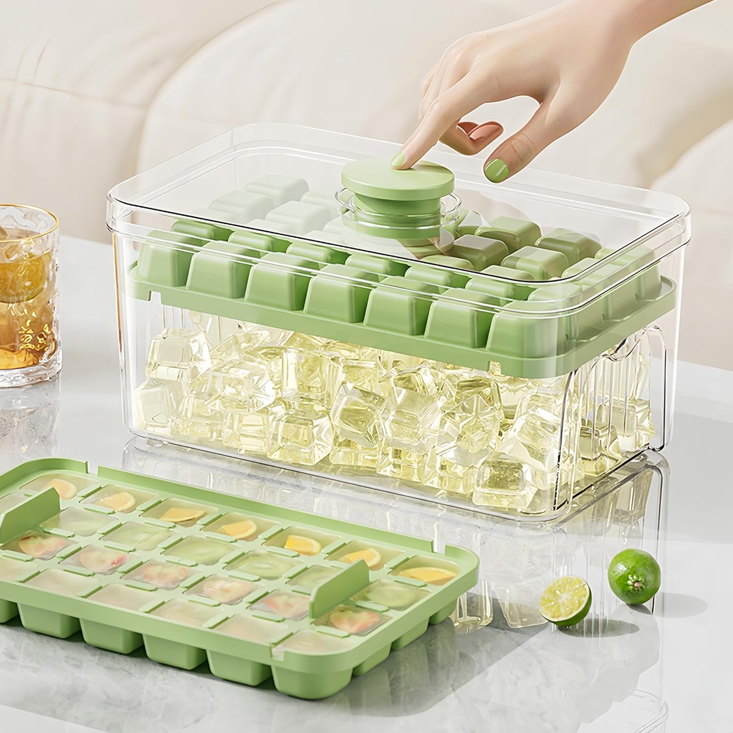 Ice Cube Trays - Ice Cube Tray with Lid and Container - 56 Ice Cube Molds - 2 Containers and Ice Scoop - BPA-free (Green) - Image 1